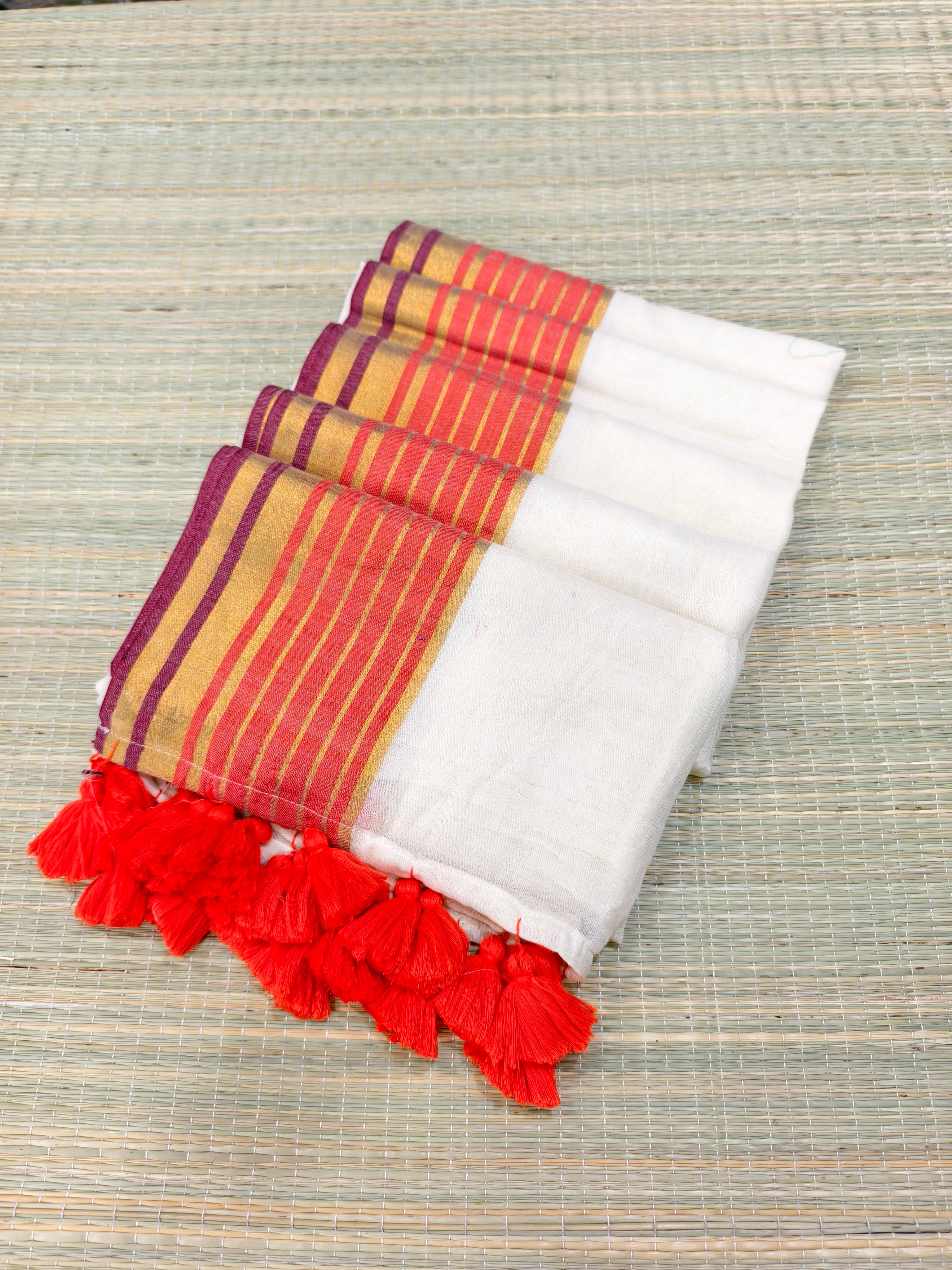 Mul cotton saree with orange and zari stripe border