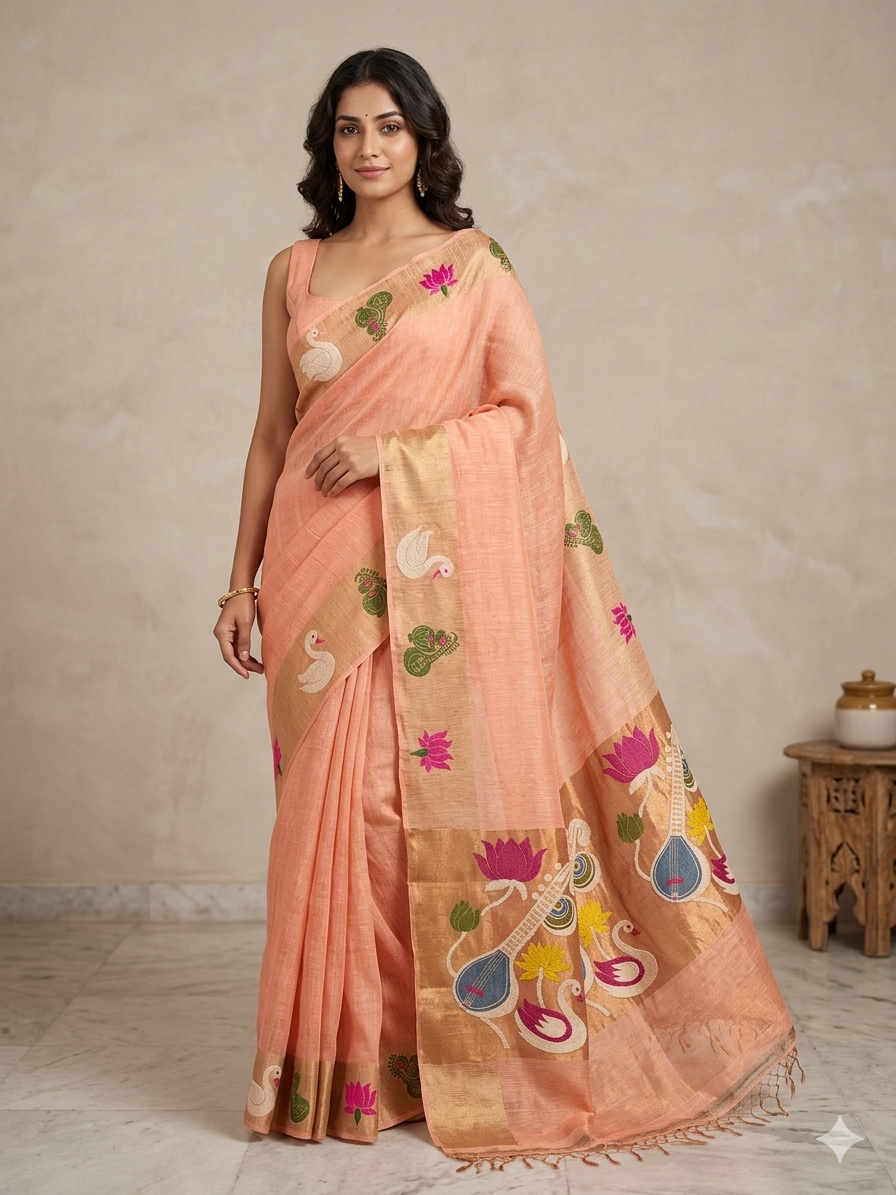 Lenin silk jamdani saree (peach)