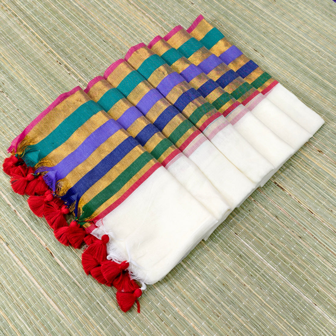 Mul cotton saree with Multicolour & zari stipe border