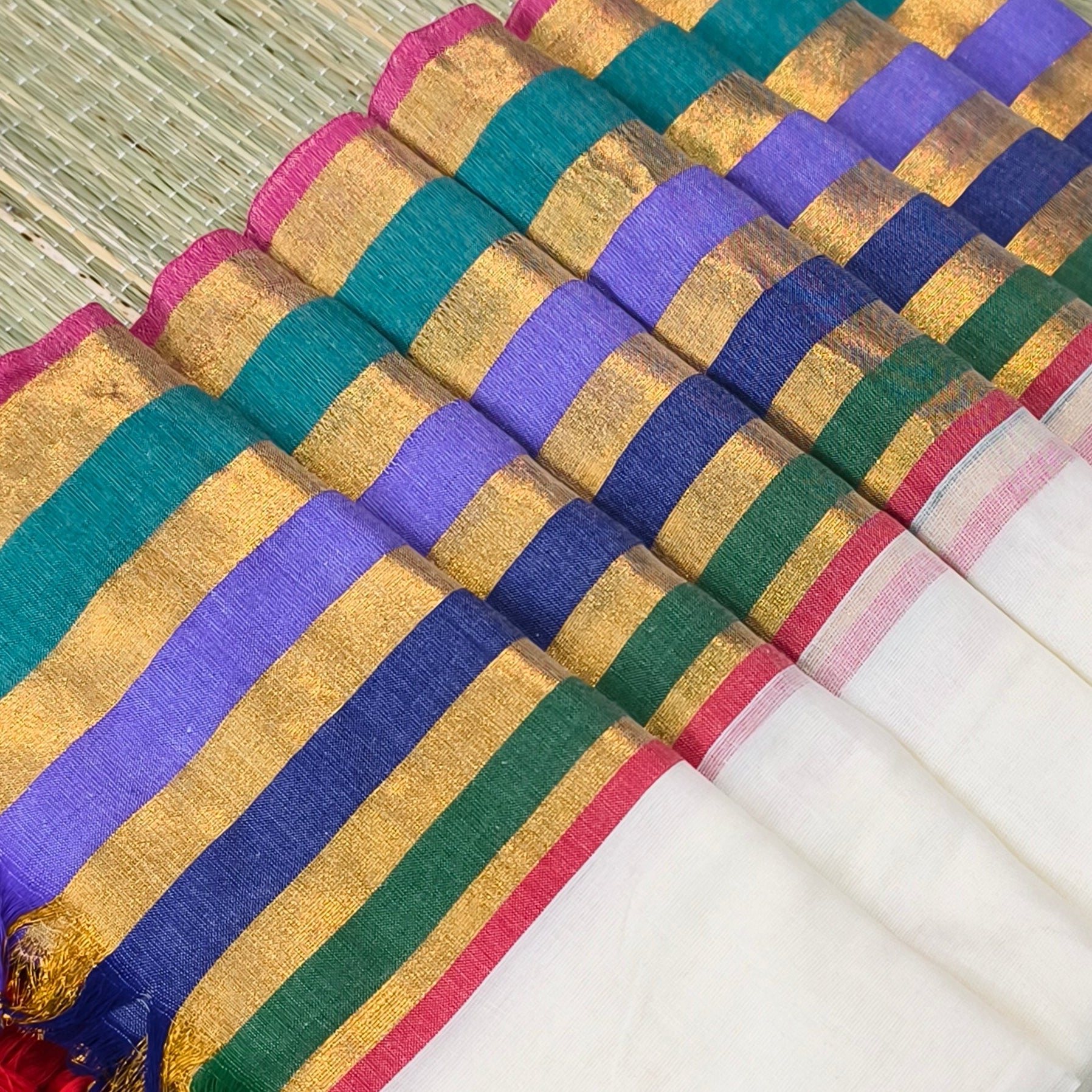 Mul cotton saree with Multicolour & zari stipe border