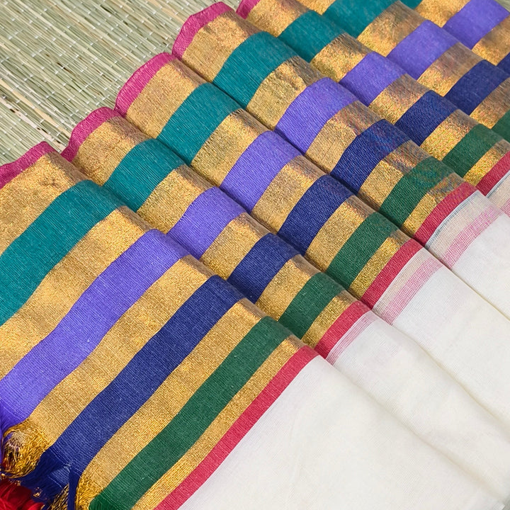 Mul cotton saree with Multicolour & zari stipe border