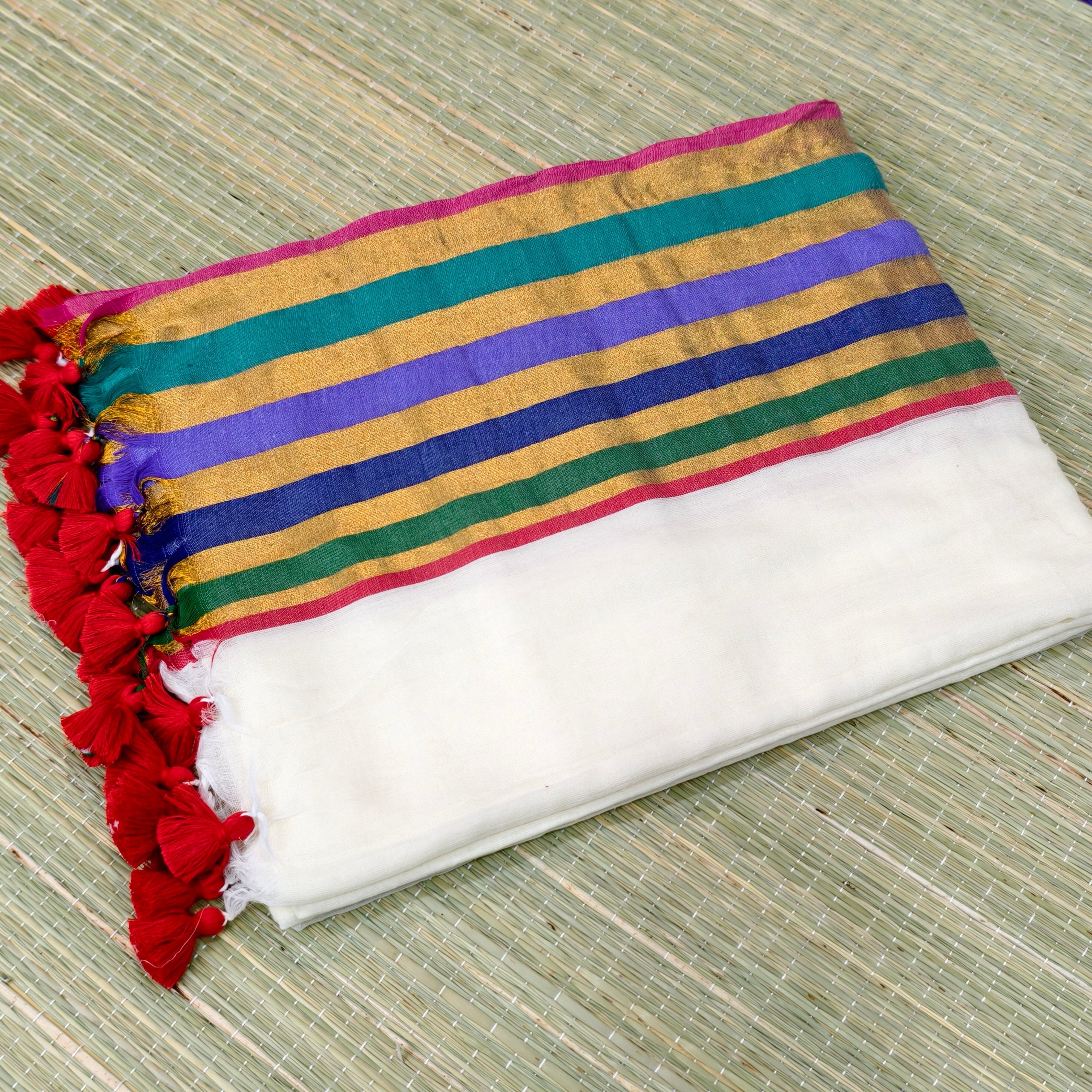 Mul cotton saree with Multicolour & zari stipe border