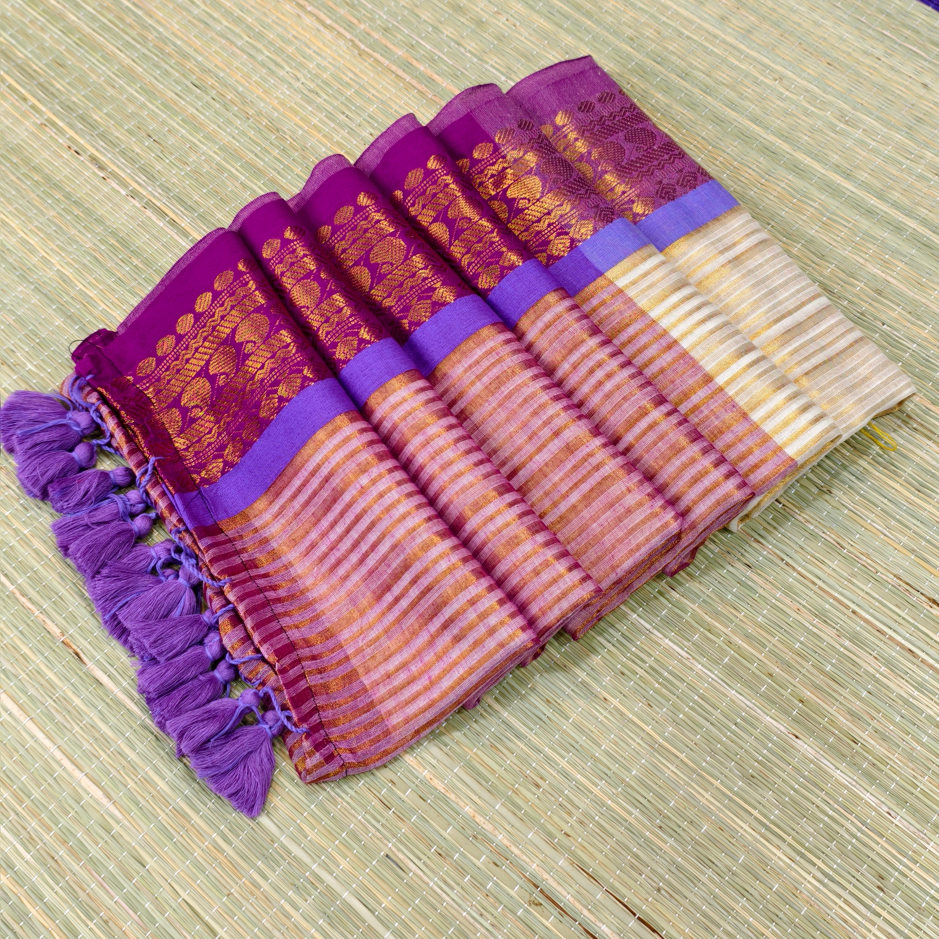 Mul cotton saree with all over zari stripes & kanchi border