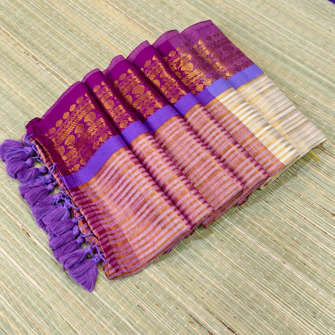 Mul cotton saree with all over zari stripes & kanchi border