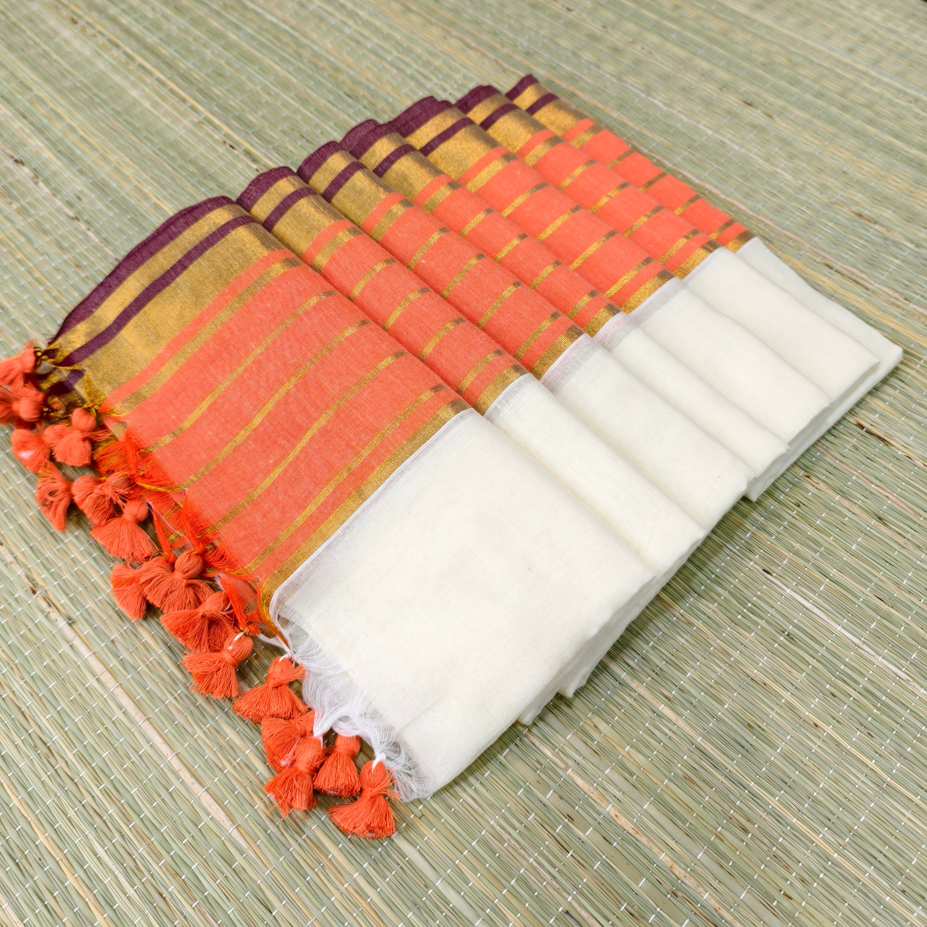 Mul cotton saree with orange and zari stripe border