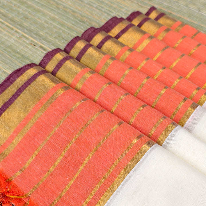 Mul cotton saree with orange and zari stripe border
