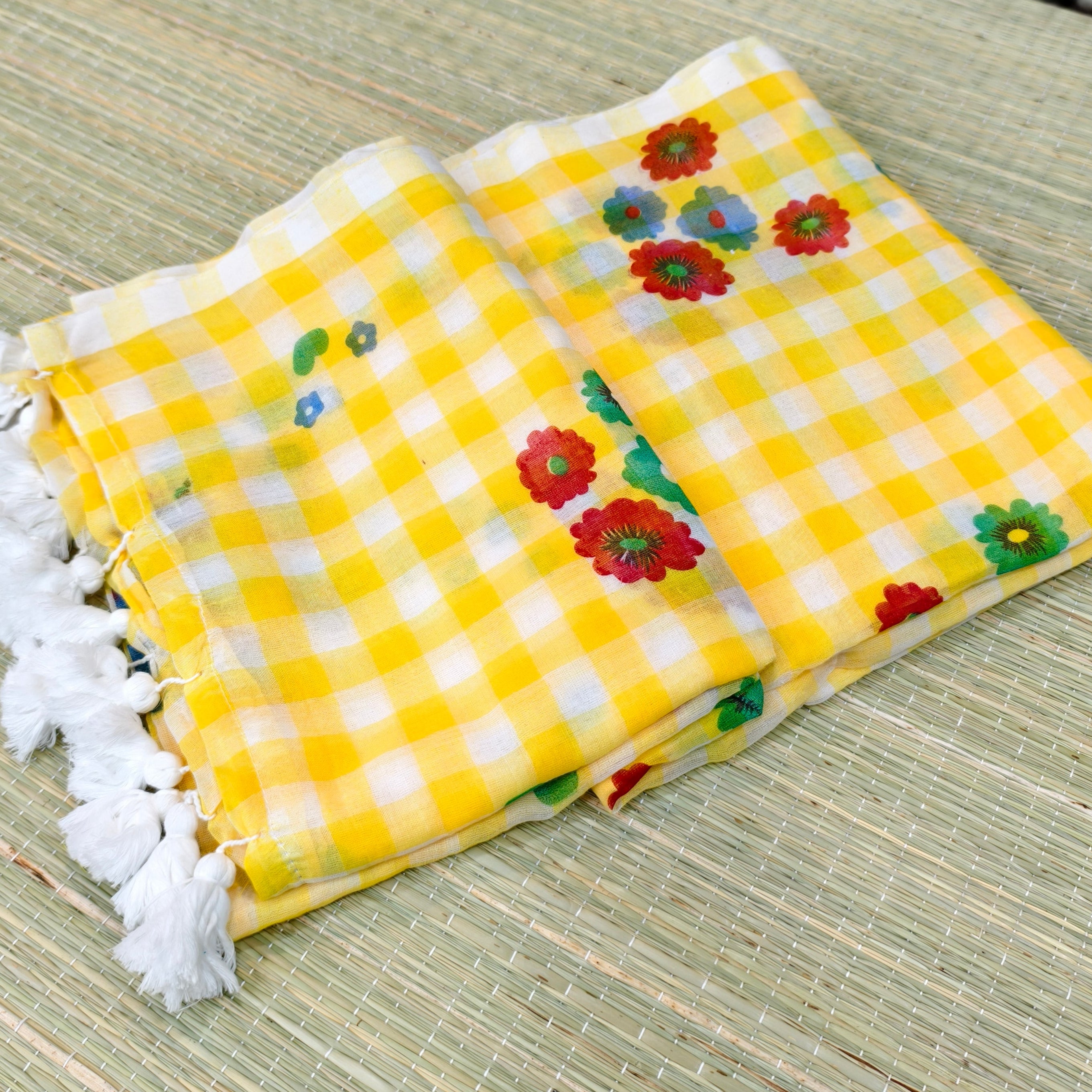 Mul check saree with digital print