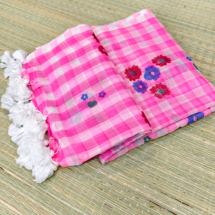 Mul check saree with digital print