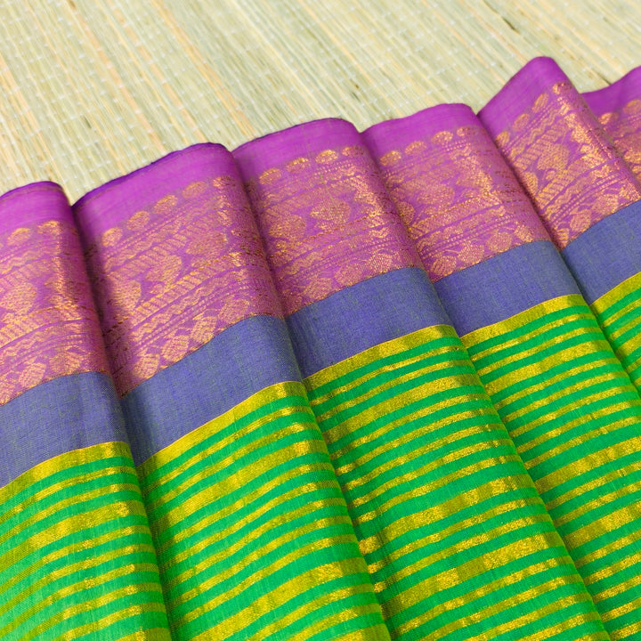 Mul cotton saree with all over zari stripes & kanchi border