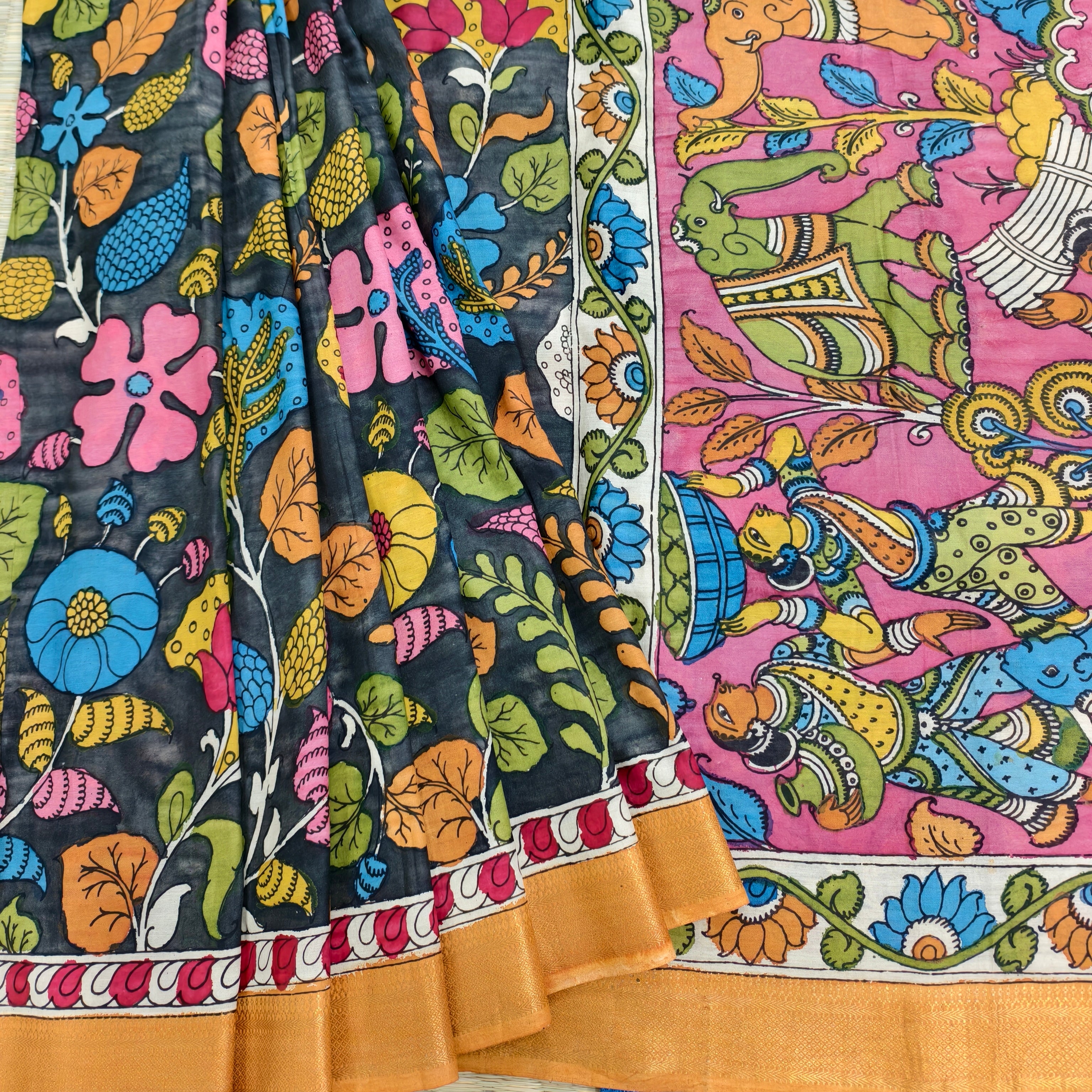 Pen kalamkari Floral themed banglore silk saree
