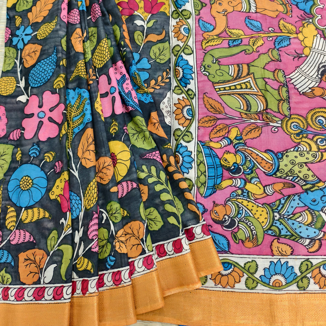 Pen kalamkari Floral themed banglore silk saree