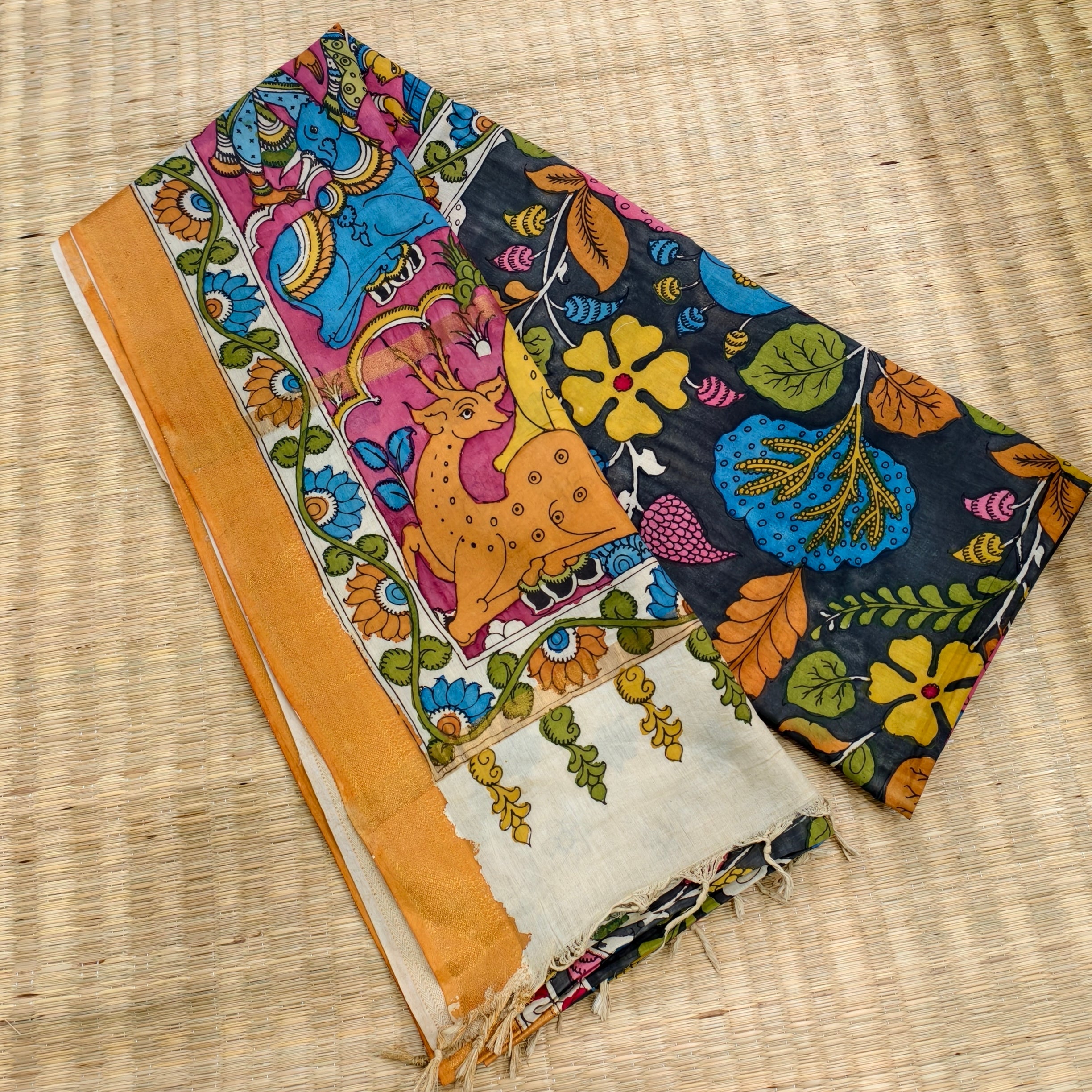 Pen kalamkari Floral themed banglore silk saree