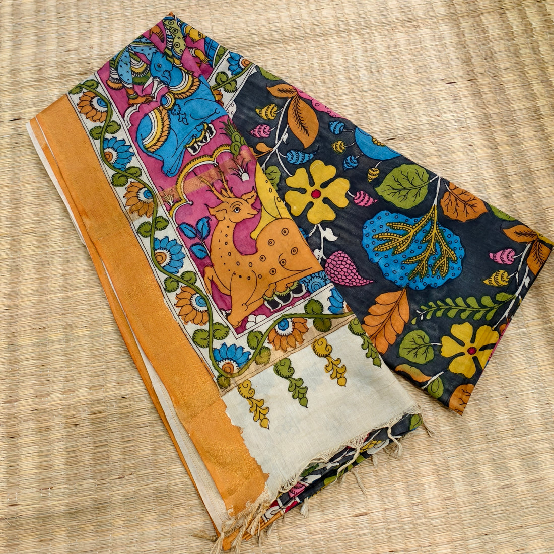 Pen kalamkari Floral themed banglore silk saree
