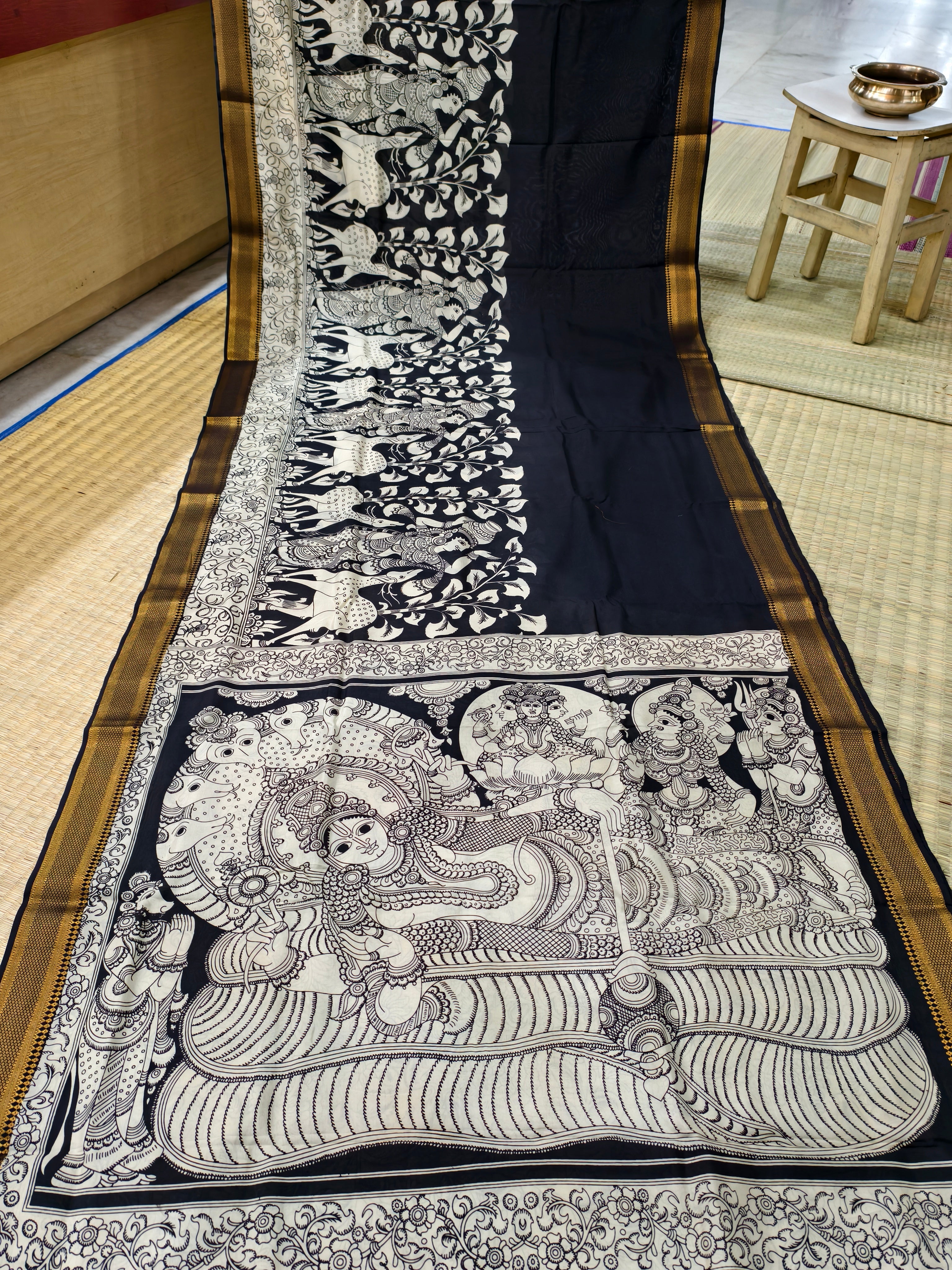 Pen kalamkari banglore silk black and white saree