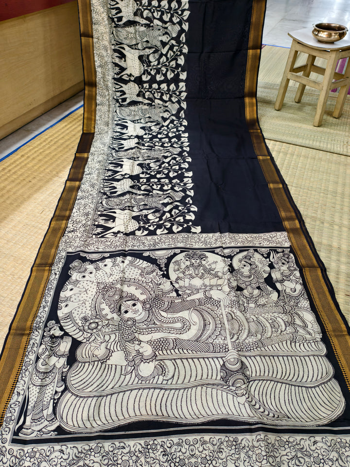 Pen kalamkari banglore silk black and white saree