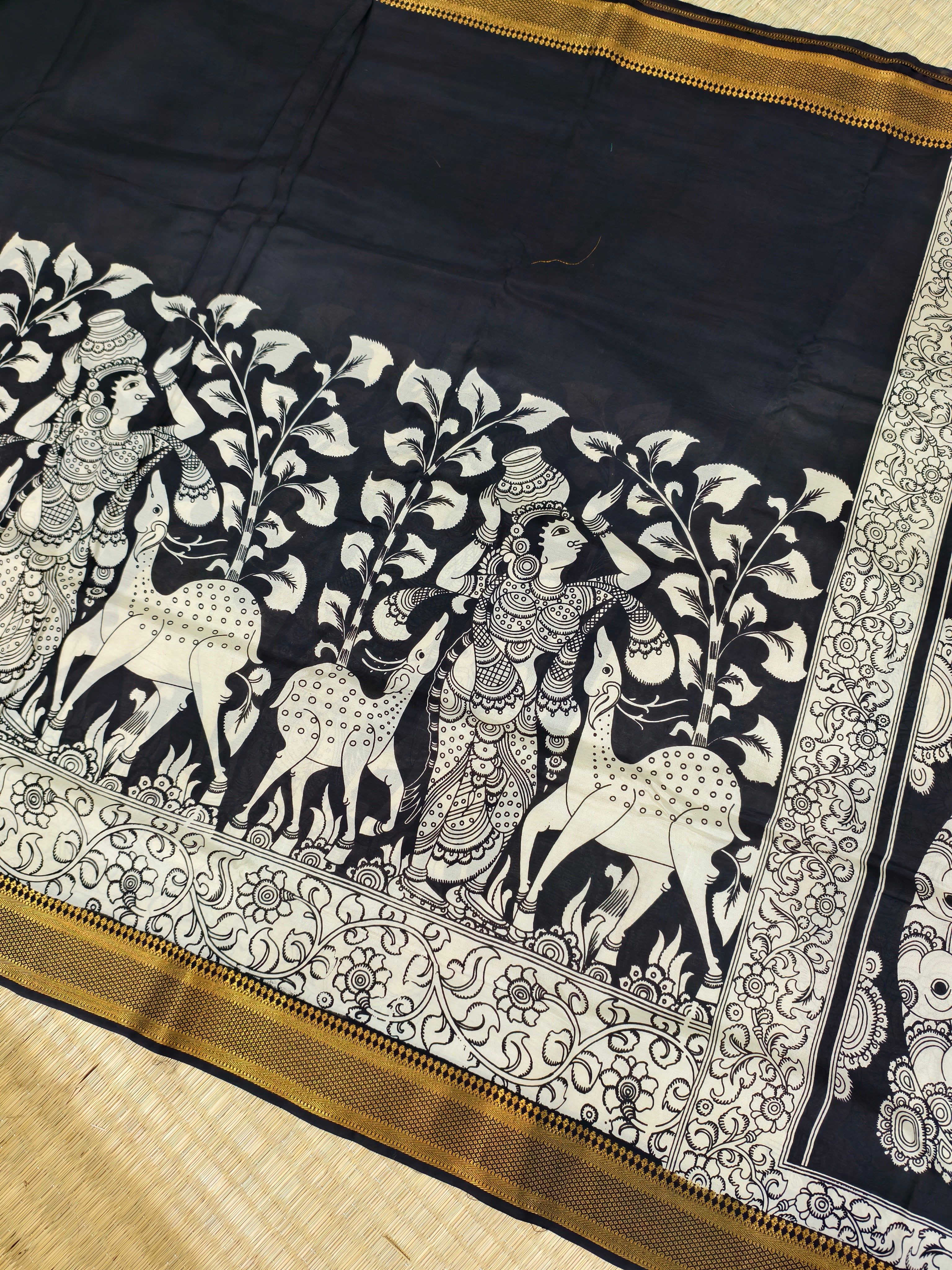 Pen kalamkari banglore silk black and white saree