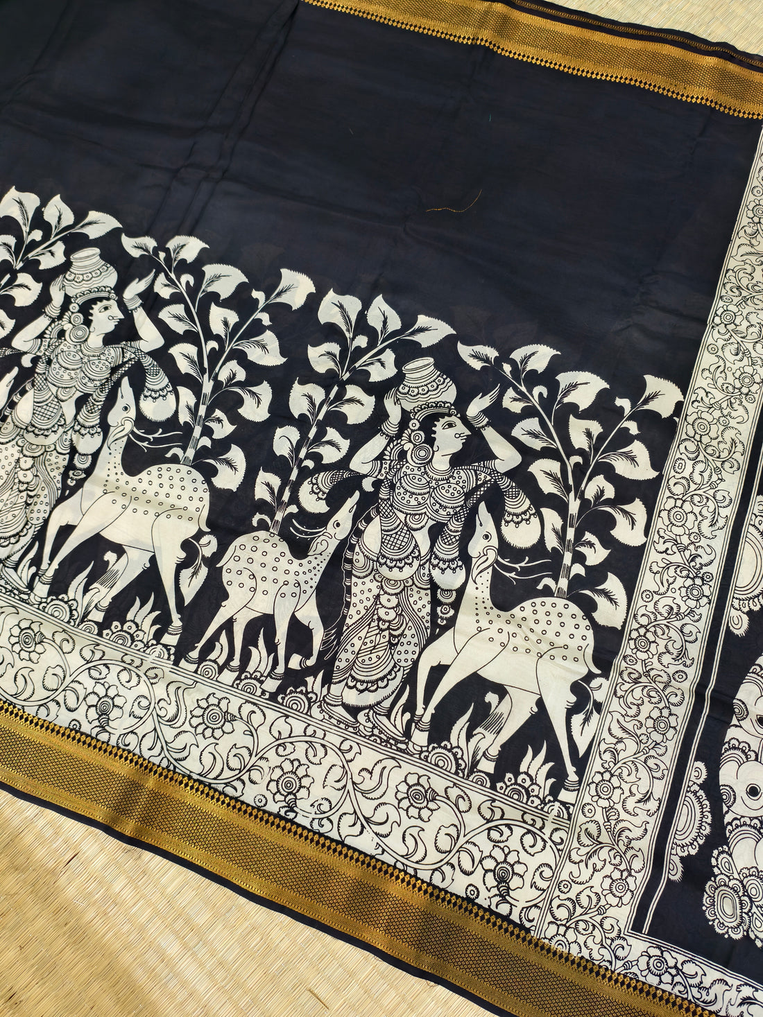 Pen kalamkari banglore silk black and white saree