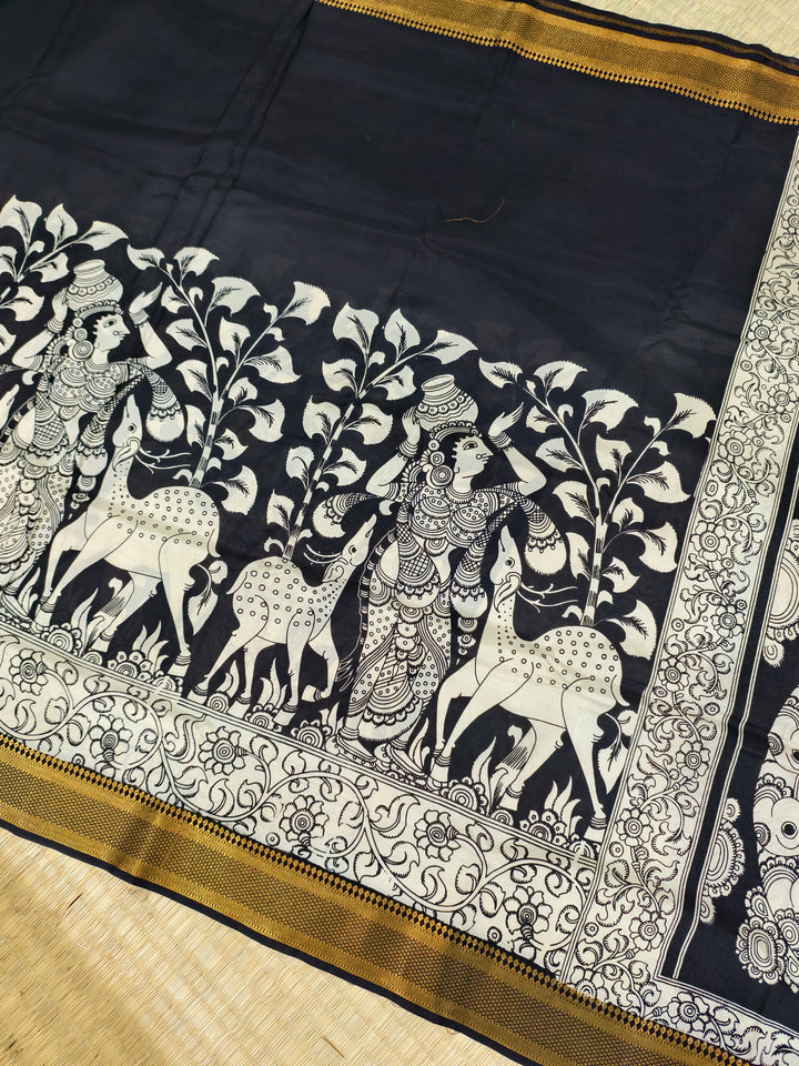 Pen kalamkari banglore silk black and white saree