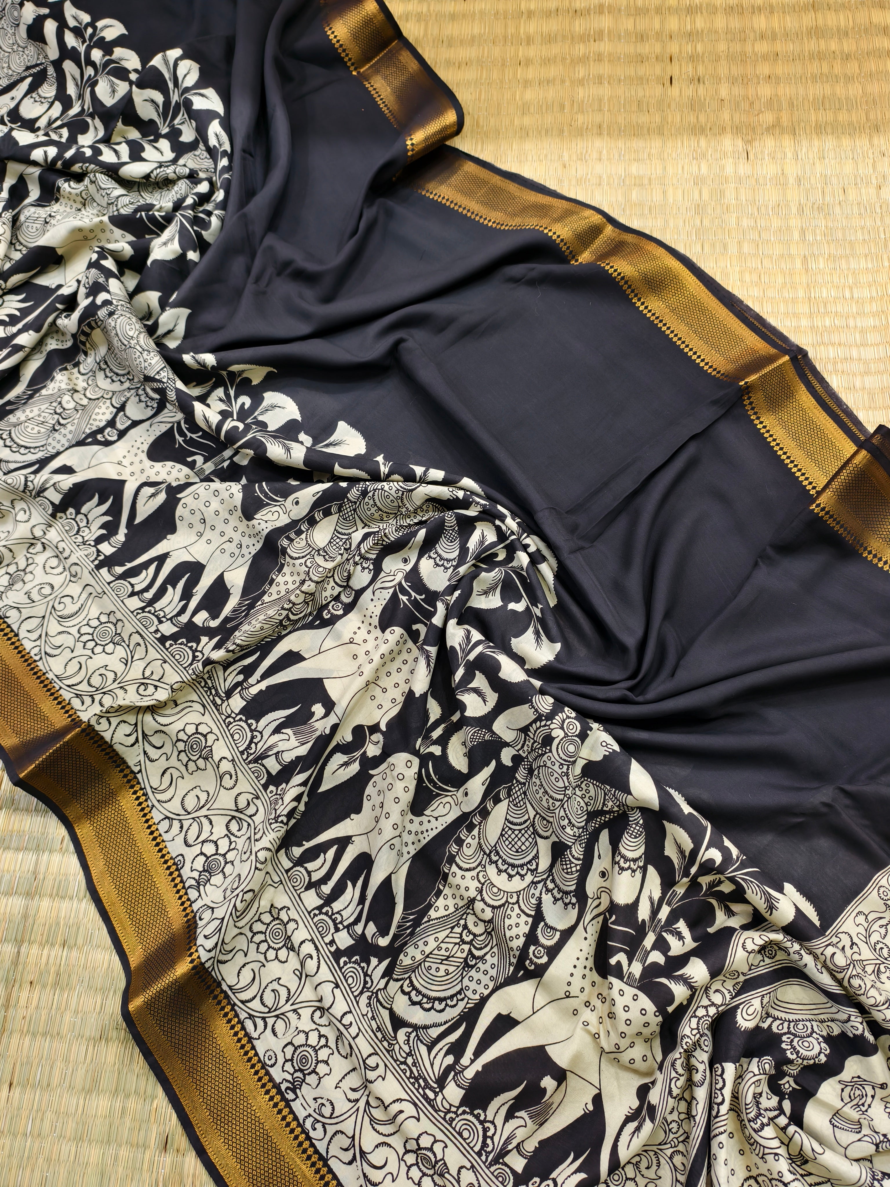 Pen kalamkari banglore silk black and white saree