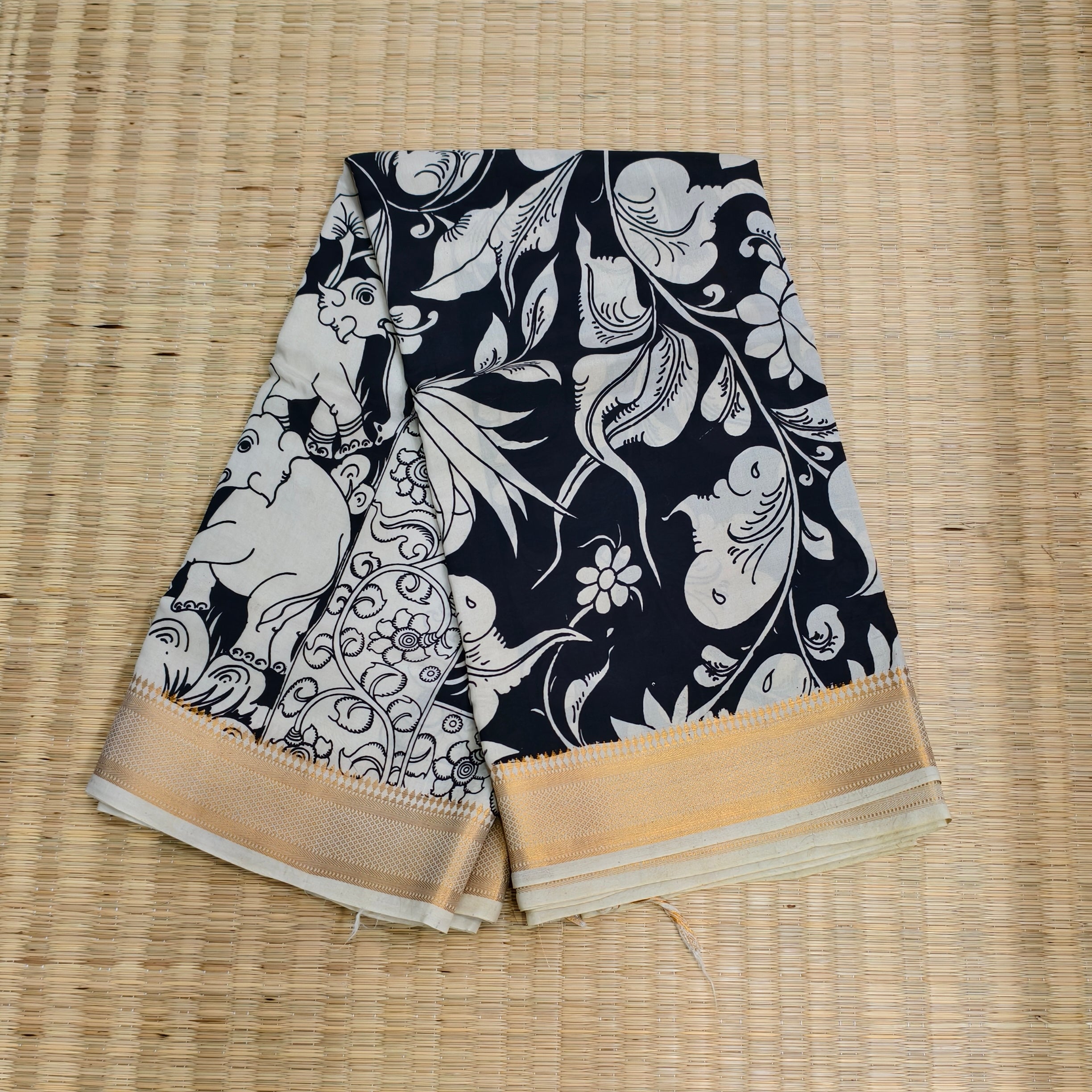 Pen kalamkari banglore silk black and white saree