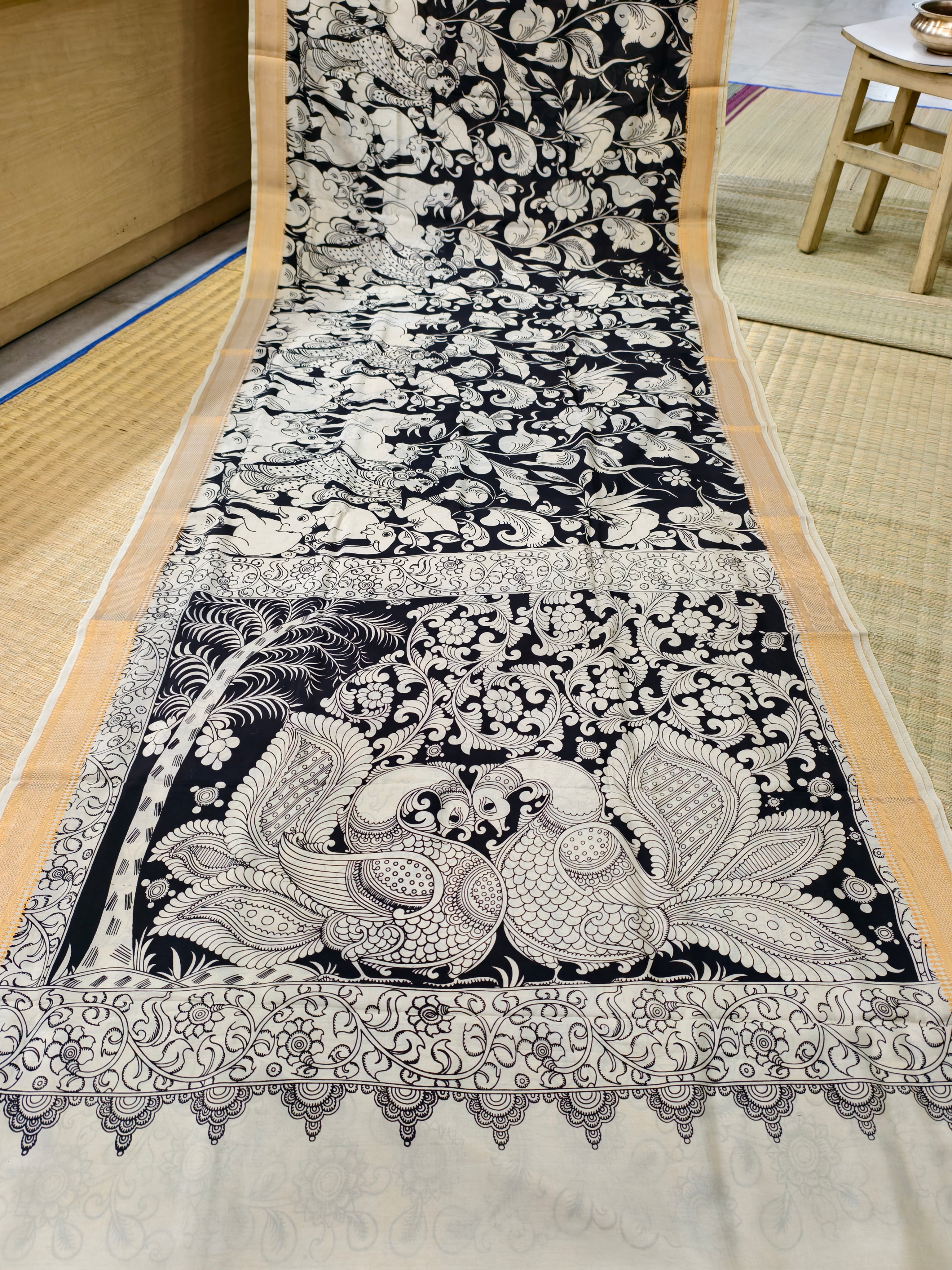 Pen kalamkari banglore silk black and white saree