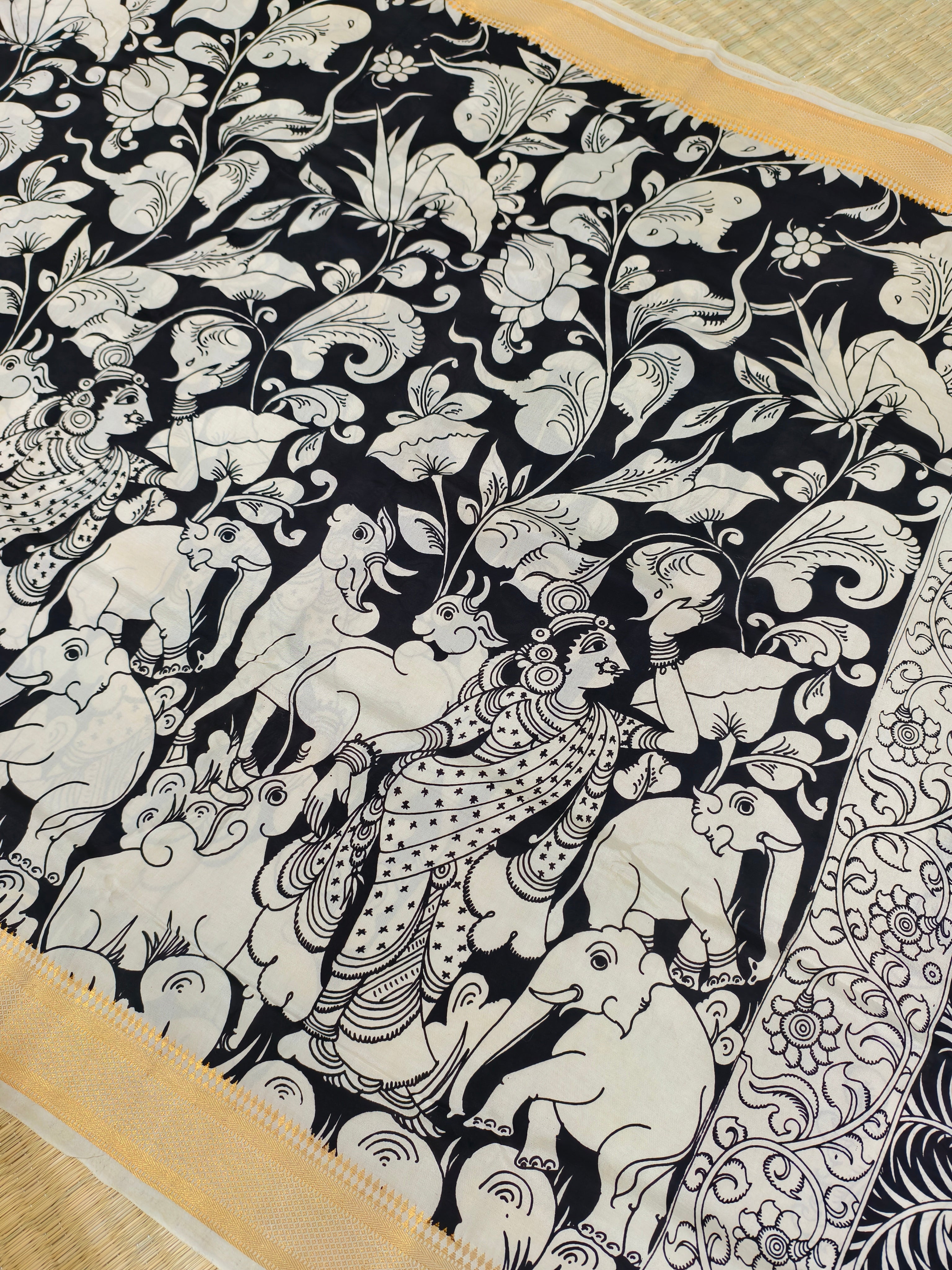 Pen kalamkari banglore silk black and white saree