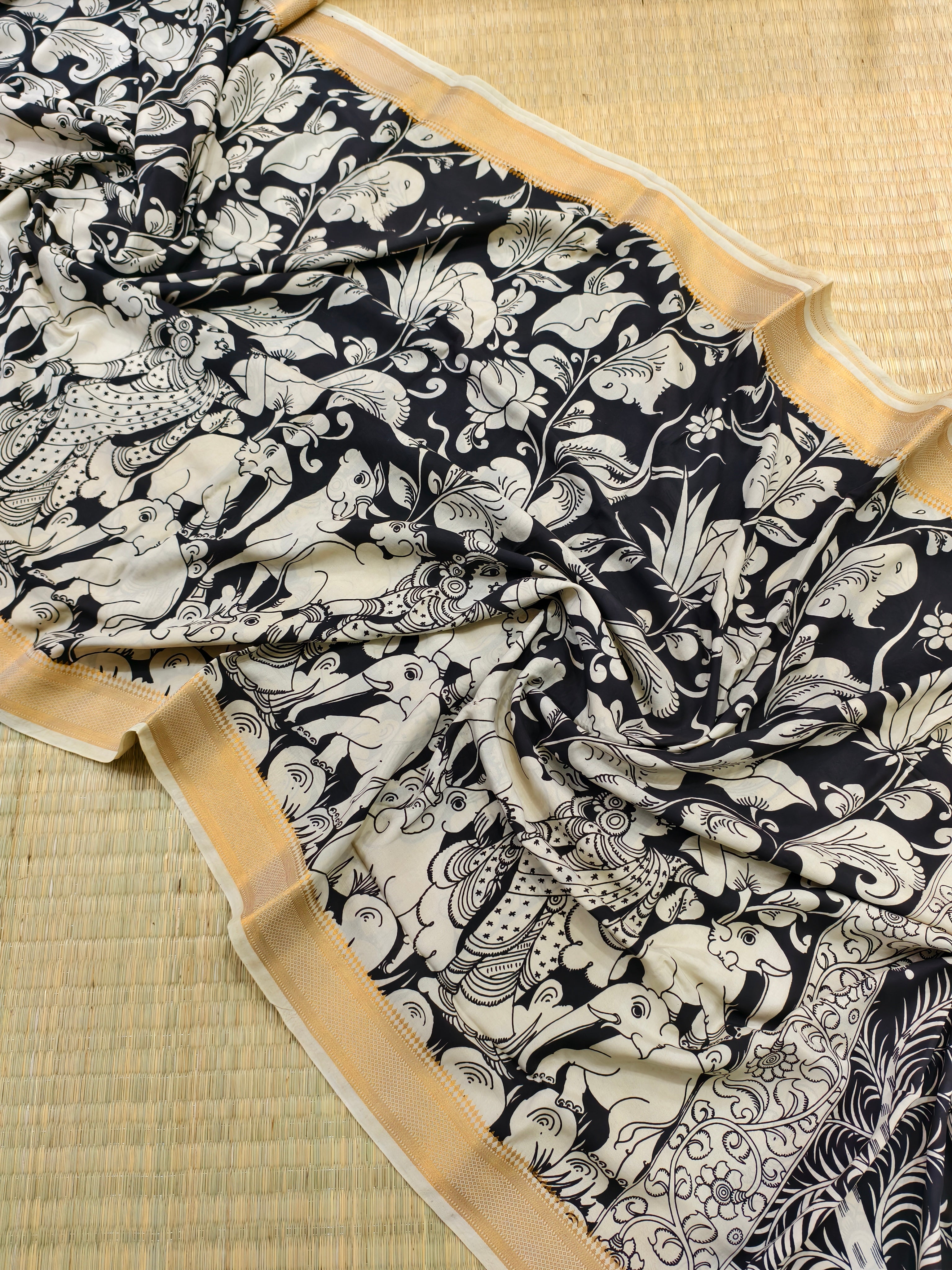 Pen kalamkari banglore silk black and white saree
