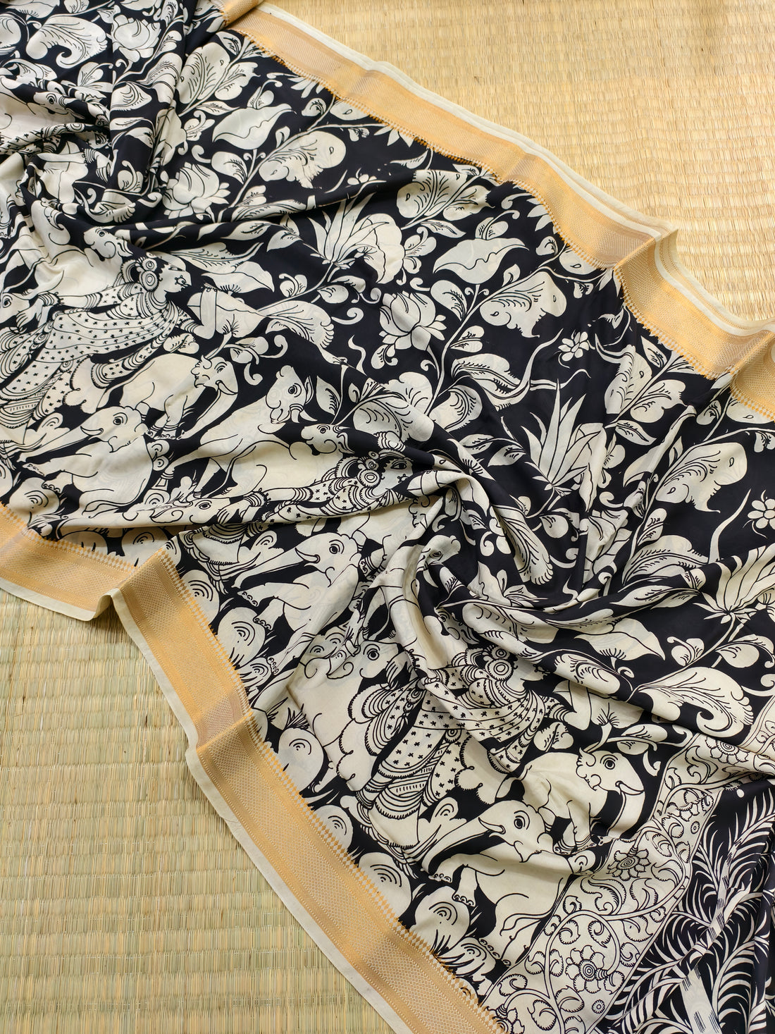 Pen kalamkari banglore silk black and white saree