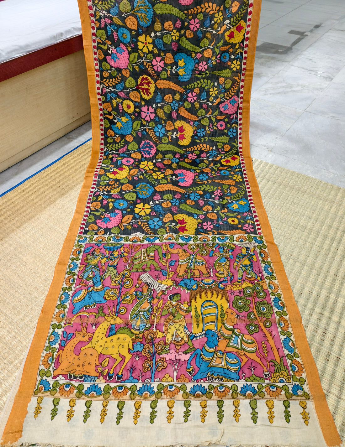 Pen kalamkari Floral themed banglore silk saree
