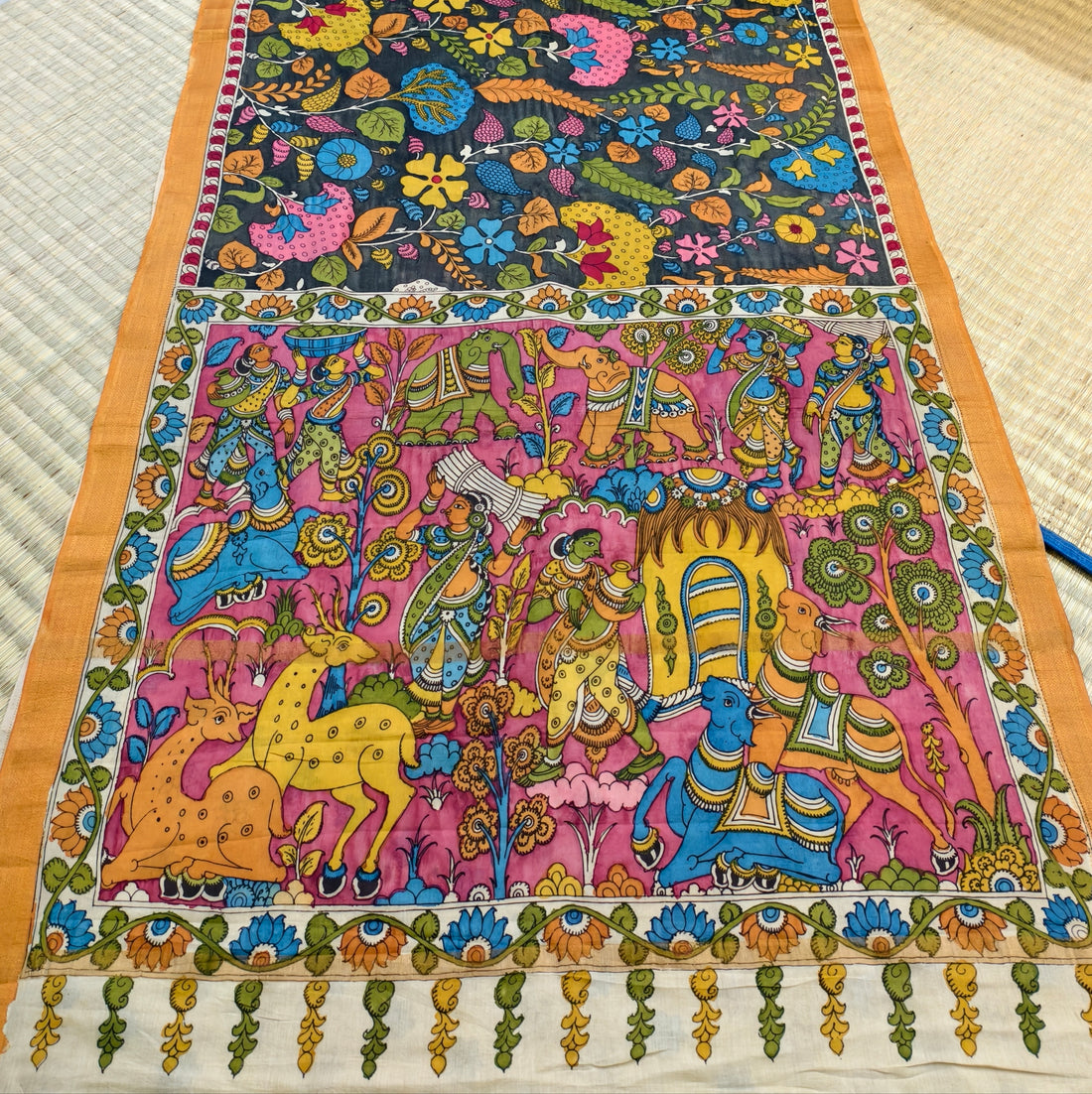 Pen kalamkari Floral themed banglore silk saree