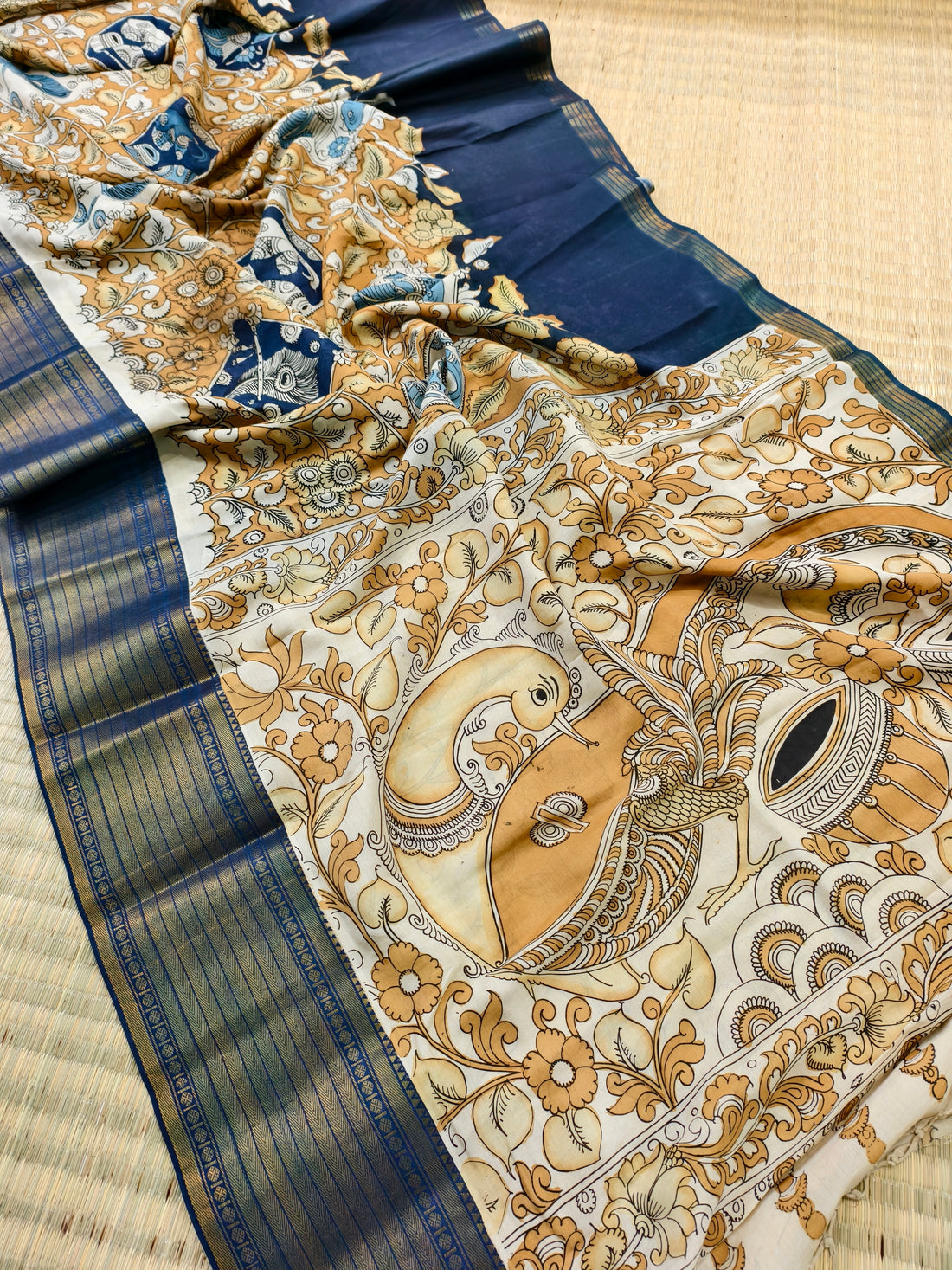 Pen kalamkari Floral themed Mangalagiri silk saree