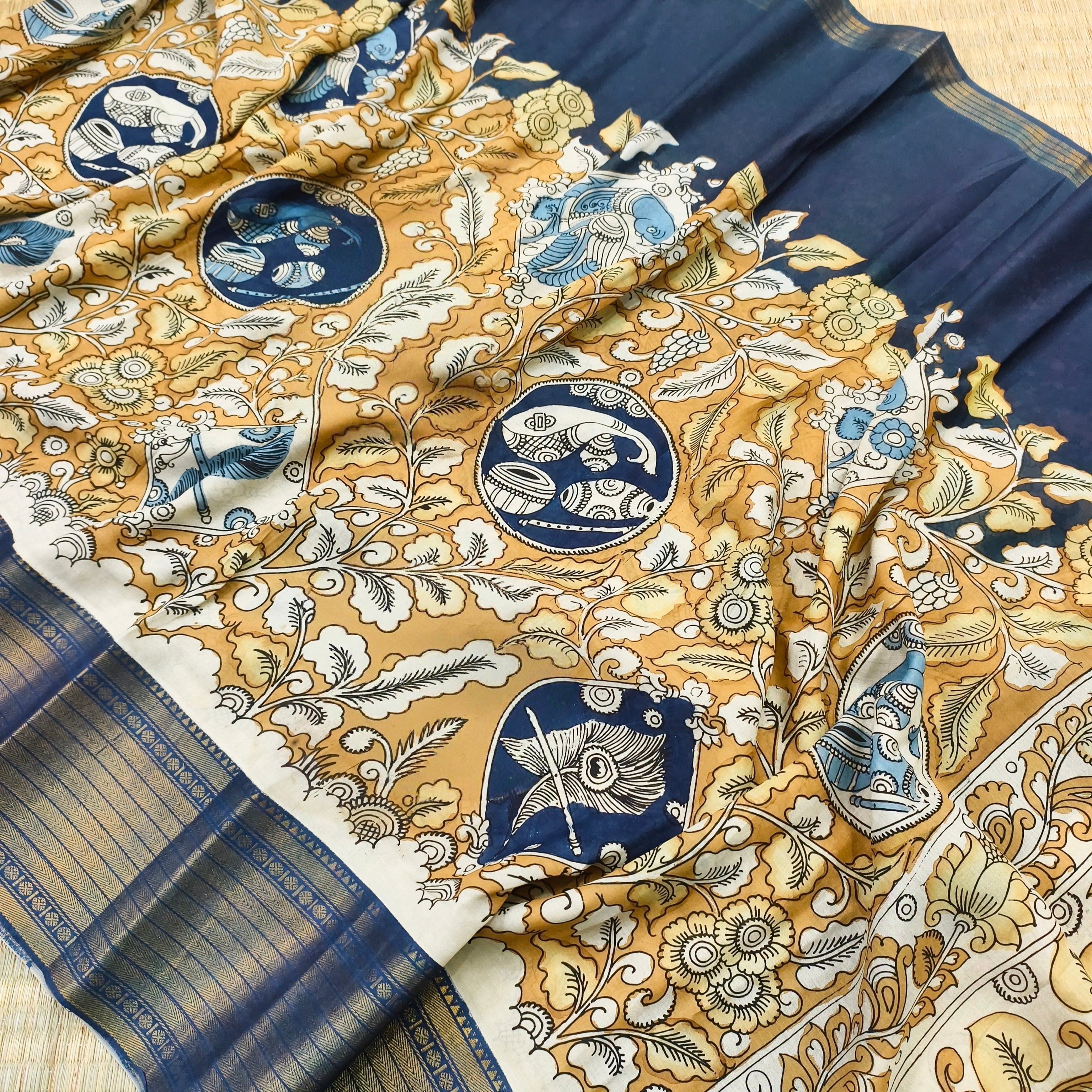 Pen kalamkari Floral themed Mangalagiri silk saree