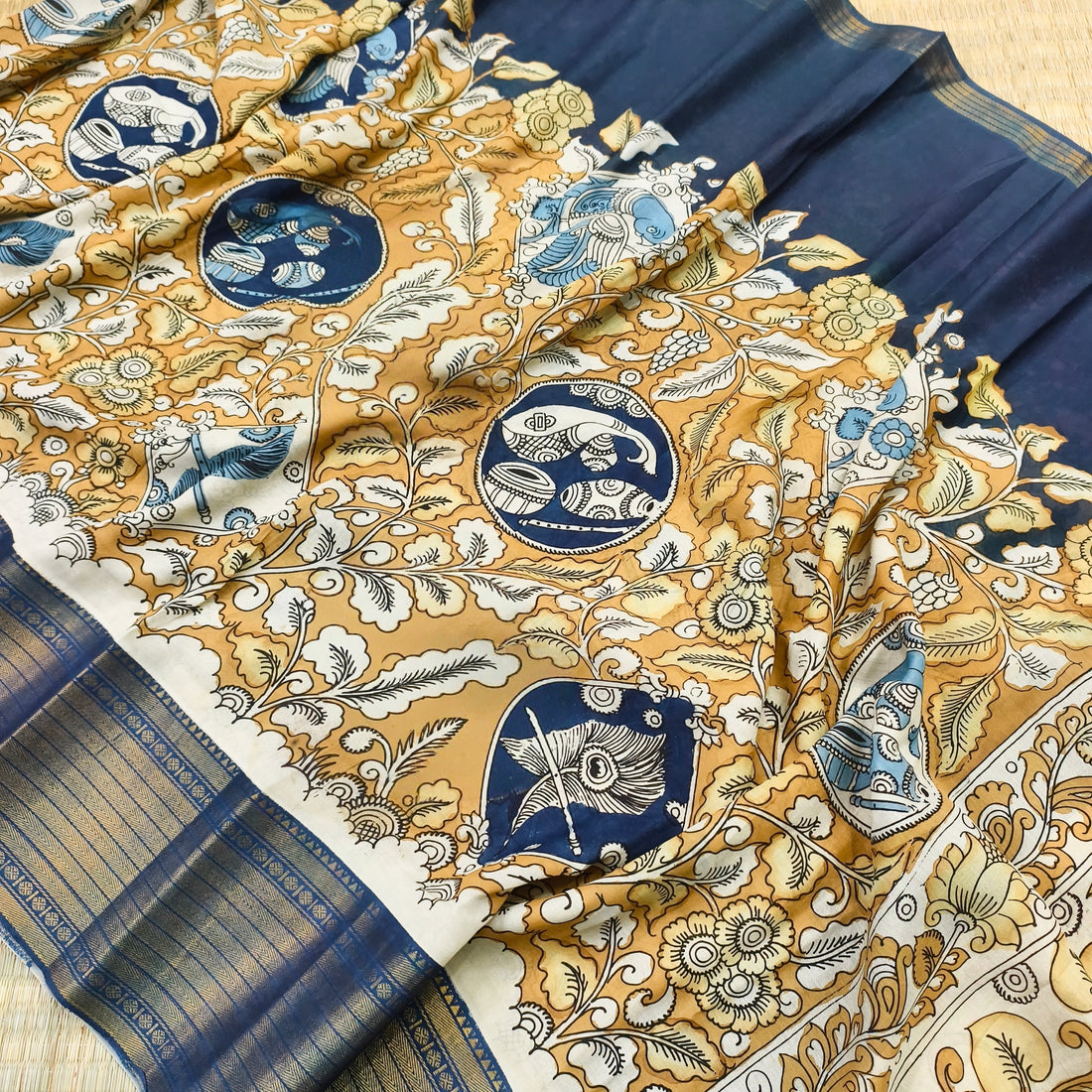Pen kalamkari Floral themed Mangalagiri silk saree