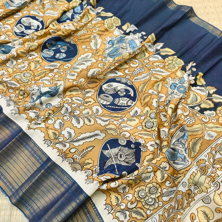 Pen kalamkari Floral themed Mangalagiri silk saree