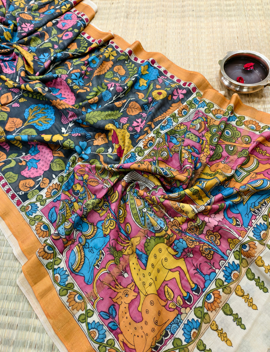 Pen kalamkari Floral themed banglore silk saree