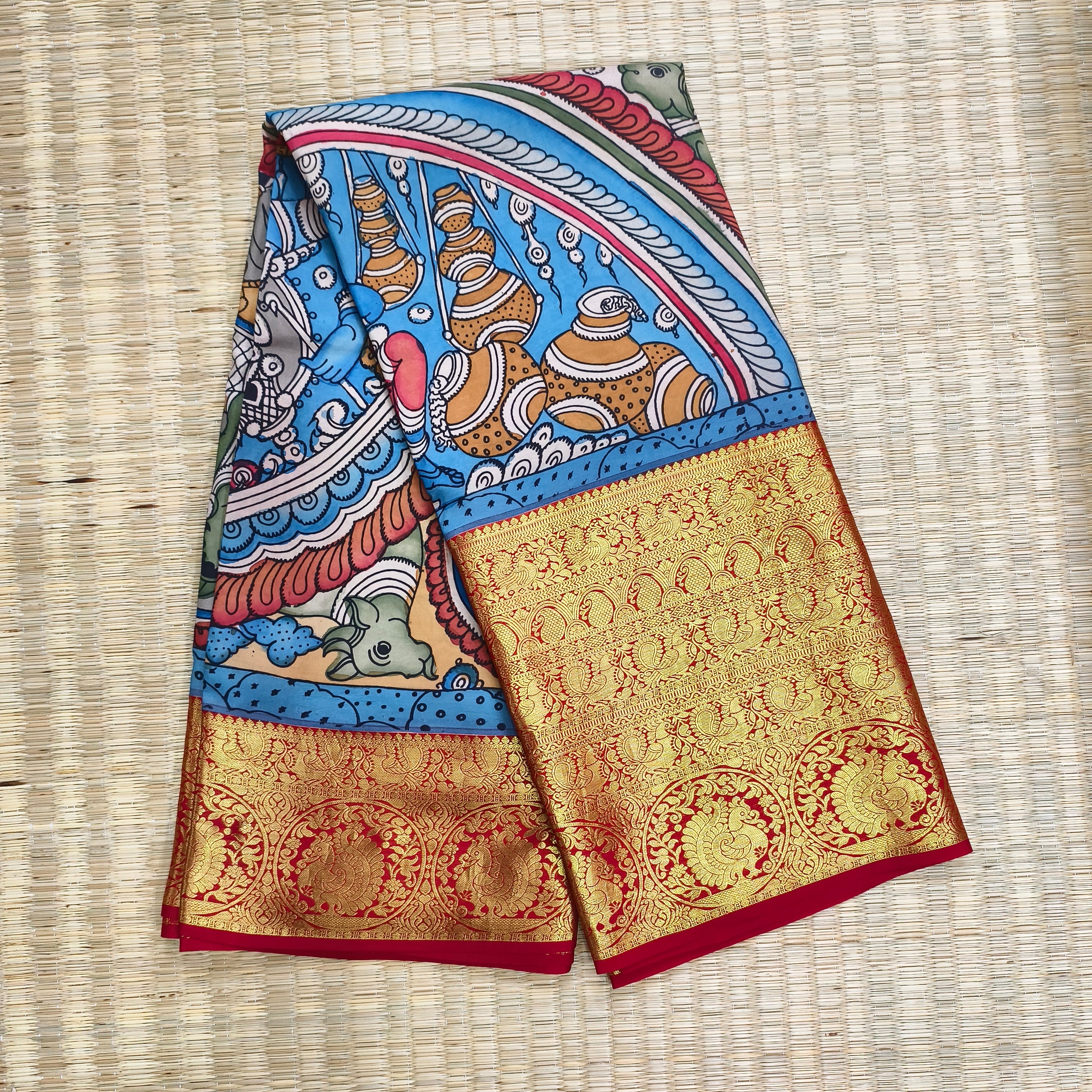 Pen kalamkari pure kanchi pattu silk saree