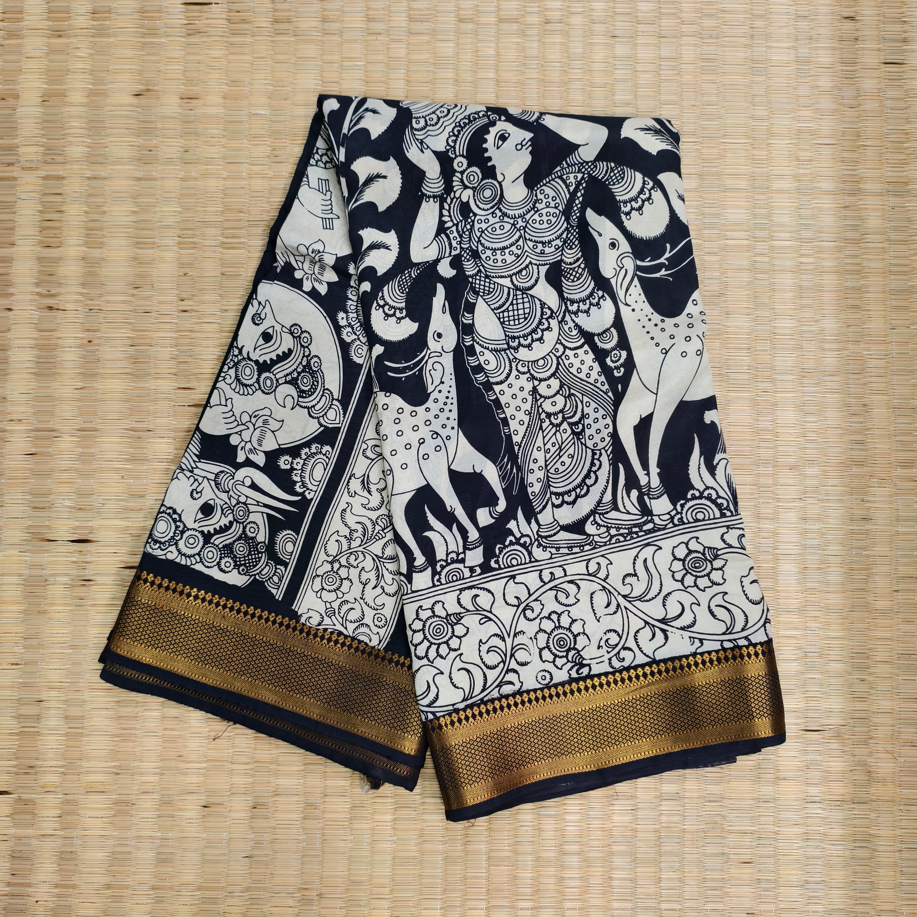 Pen kalamkari banglore silk black and white saree
