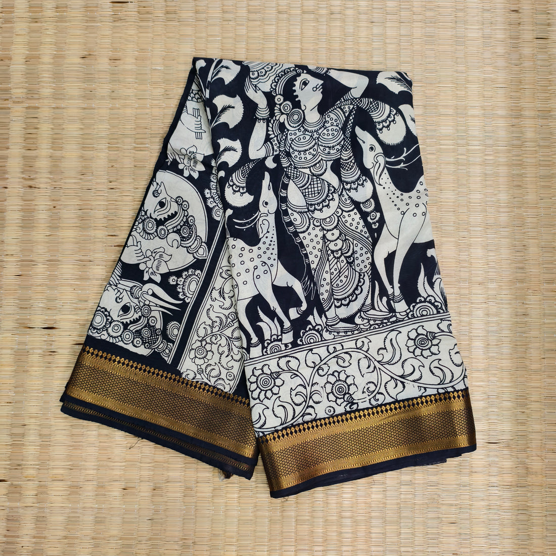 Pen kalamkari banglore silk black and white saree