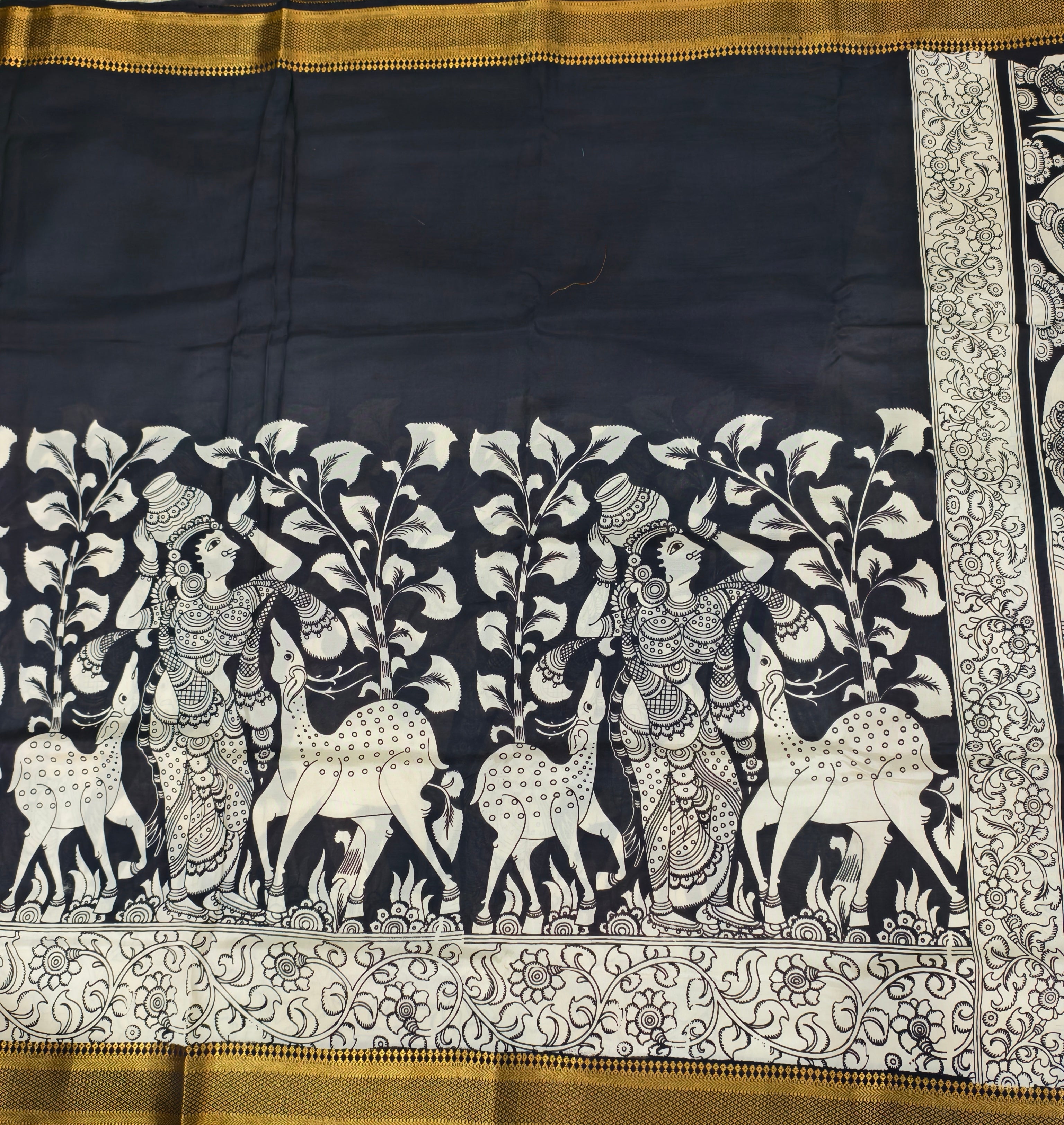 Pen kalamkari banglore silk black and white saree