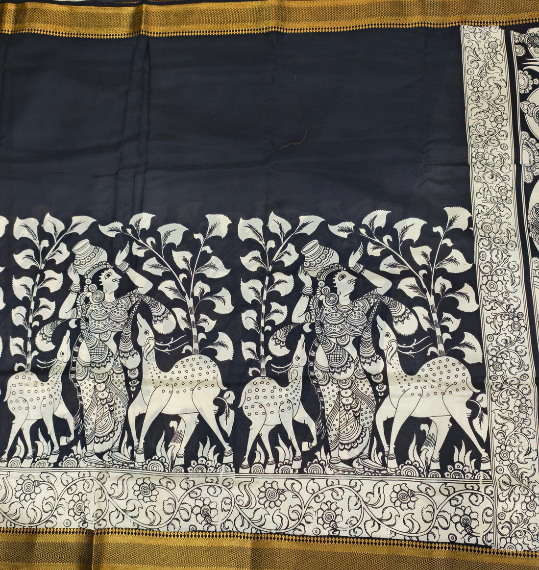 Pen kalamkari banglore silk black and white saree