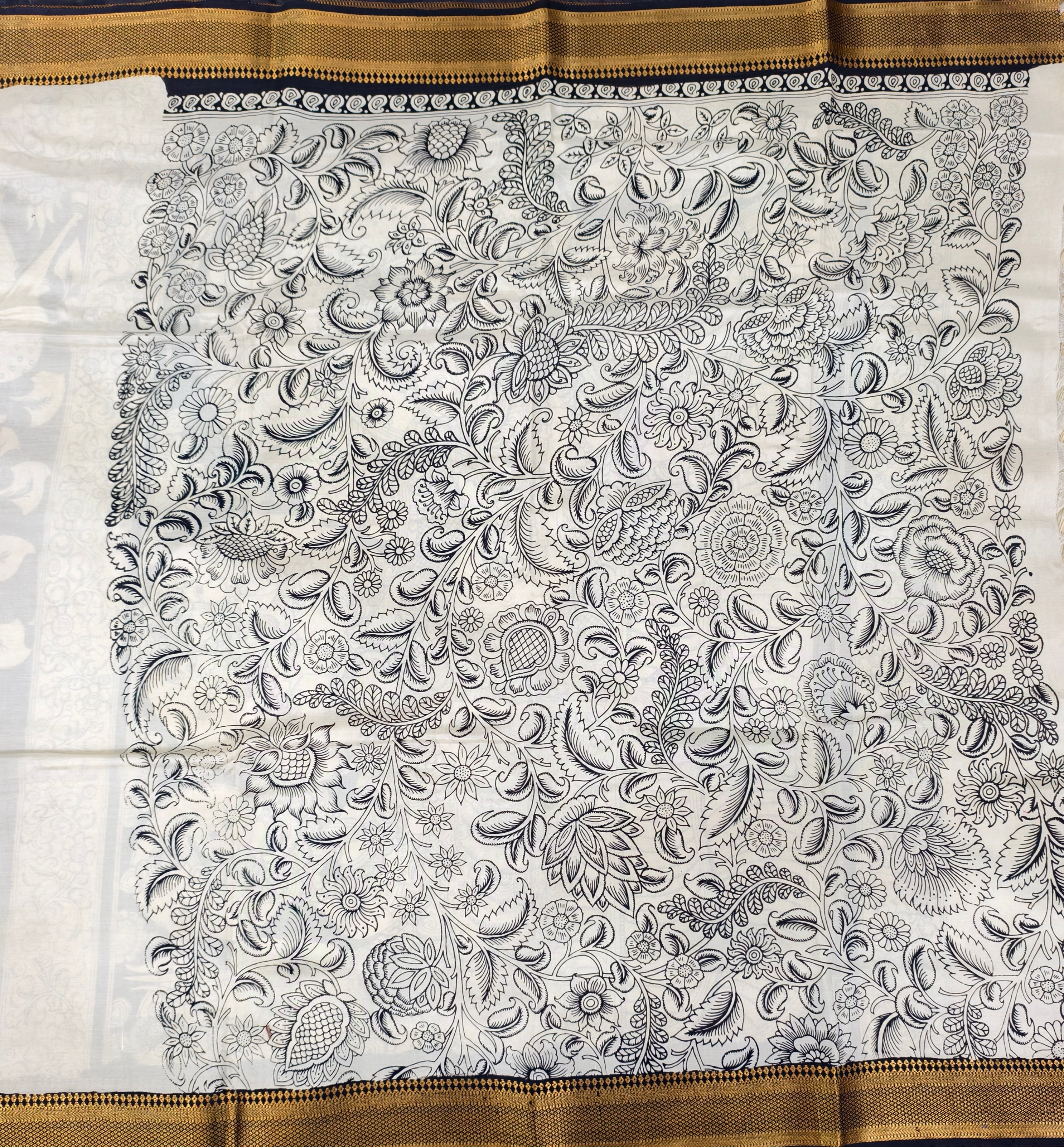 Pen kalamkari banglore silk black and white saree