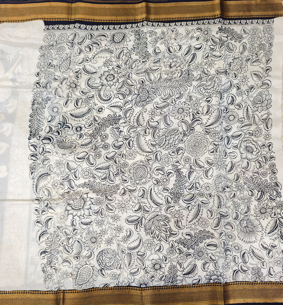 Pen kalamkari banglore silk black and white saree