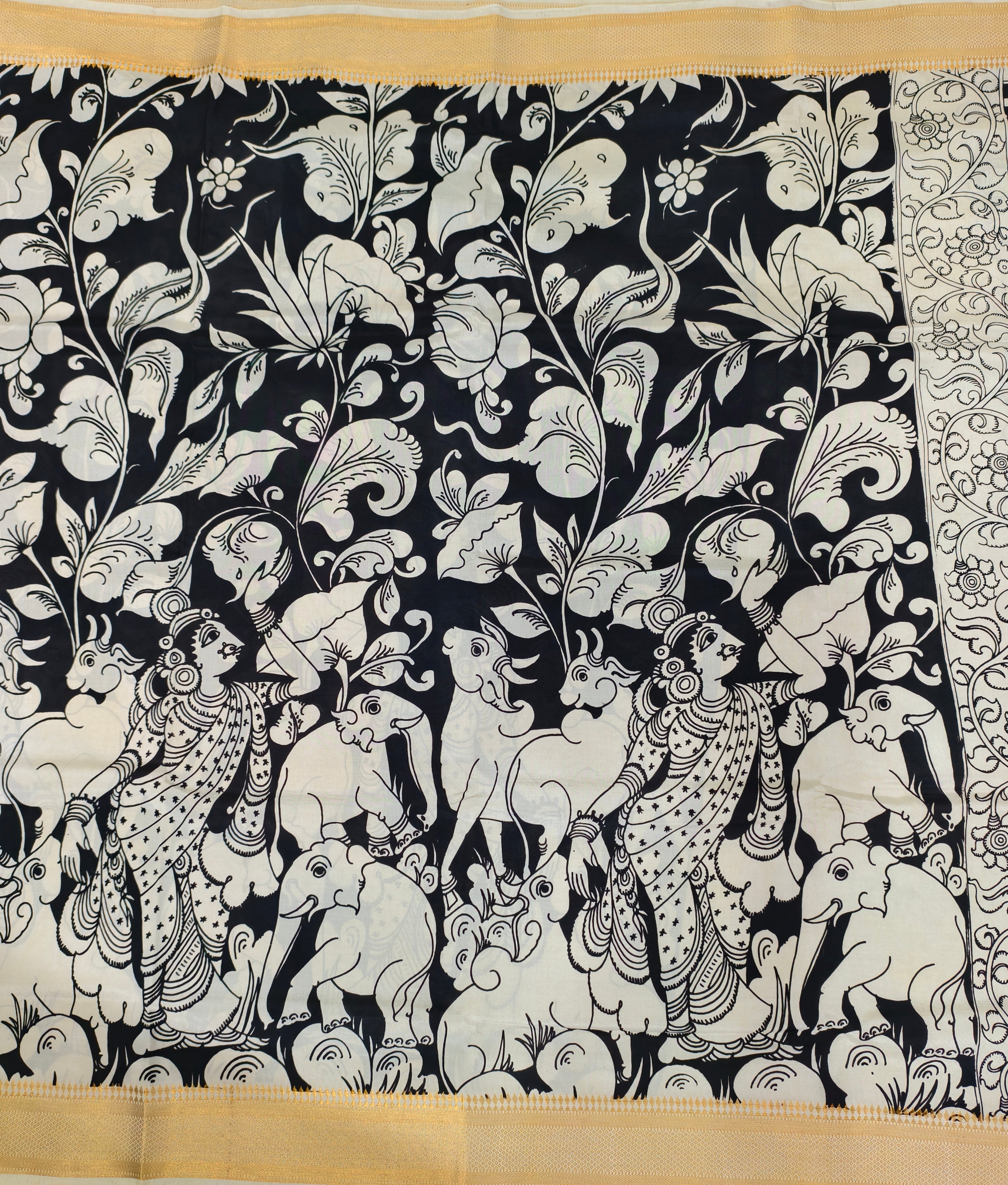 Pen kalamkari banglore silk black and white saree