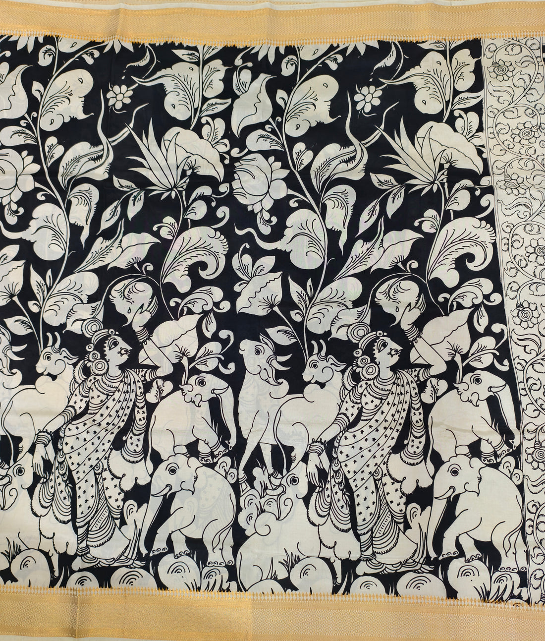 Pen kalamkari banglore silk black and white saree