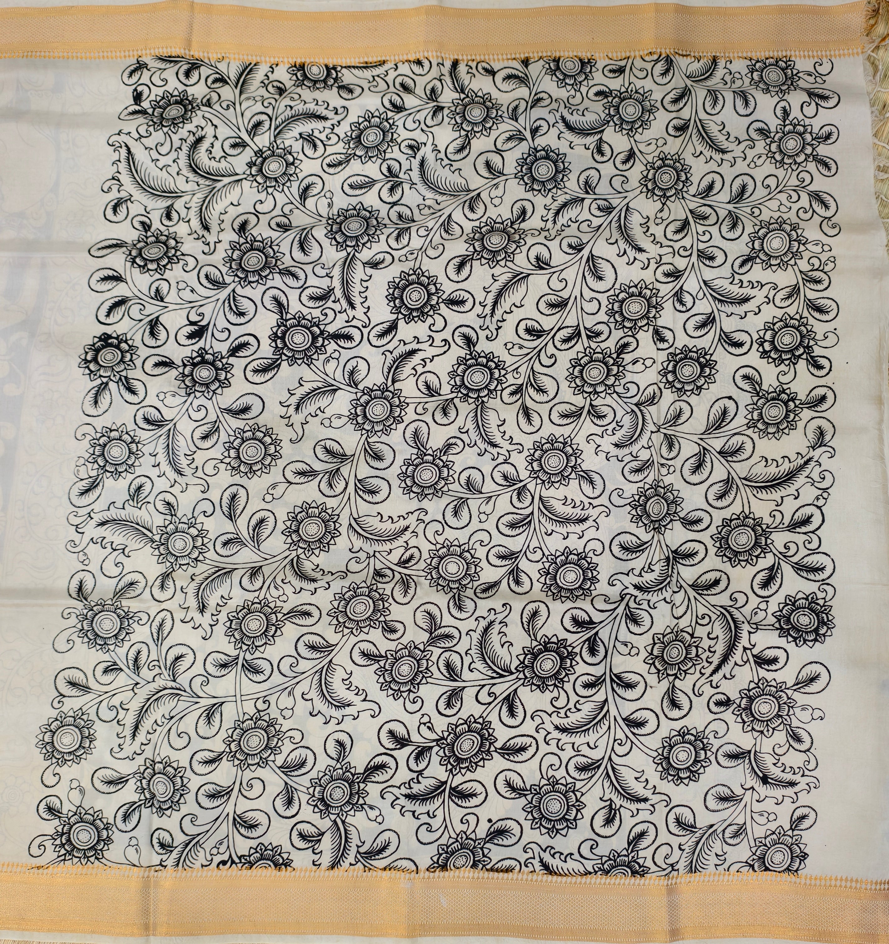 Pen kalamkari banglore silk black and white saree