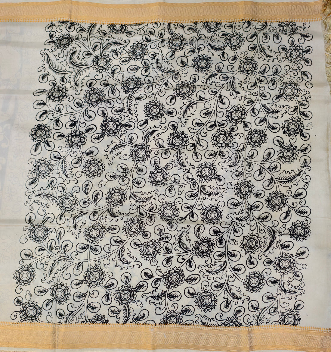 Pen kalamkari banglore silk black and white saree