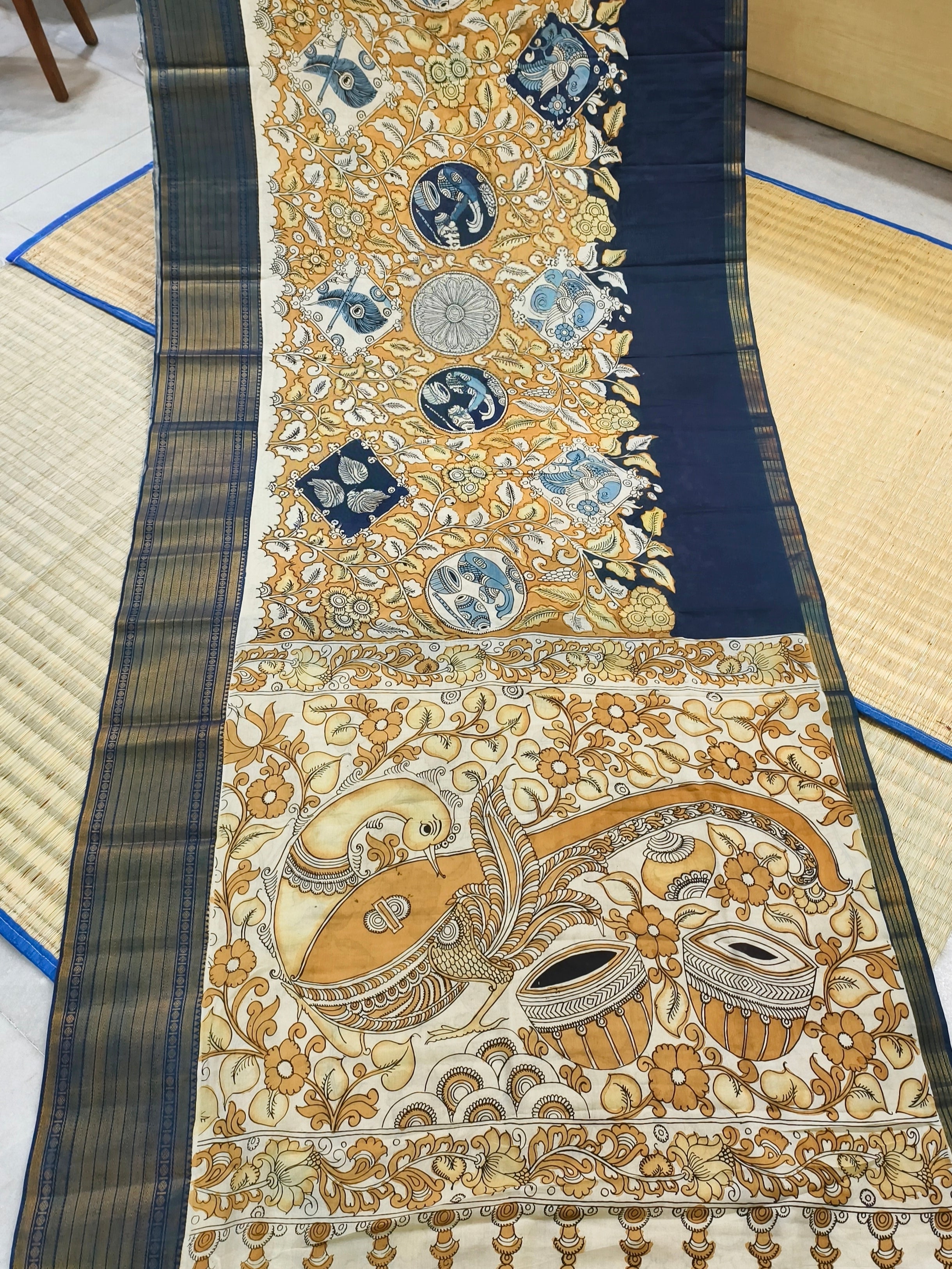 Pen kalamkari Floral themed Mangalagiri silk saree