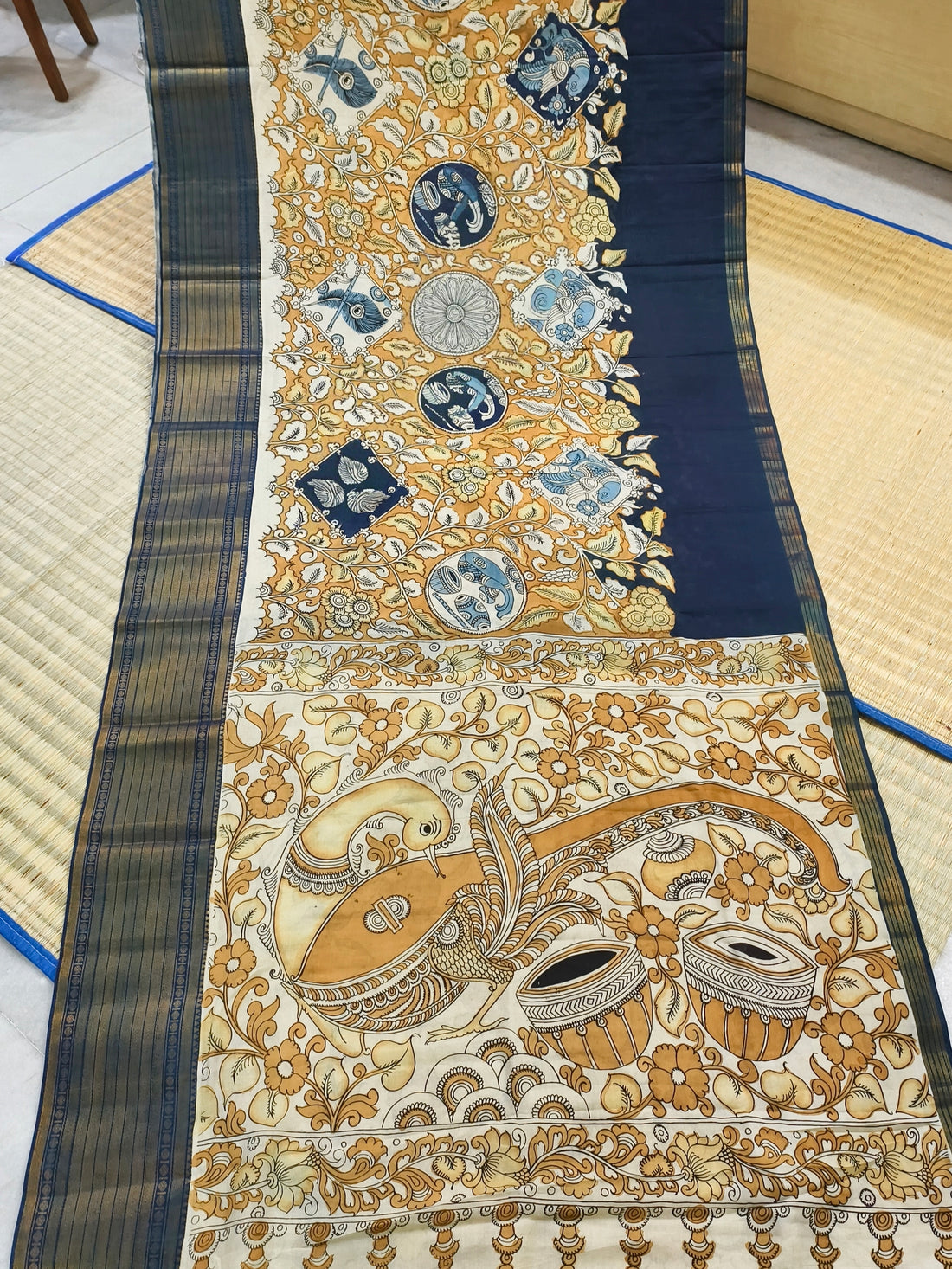 Pen kalamkari Floral themed Mangalagiri silk saree