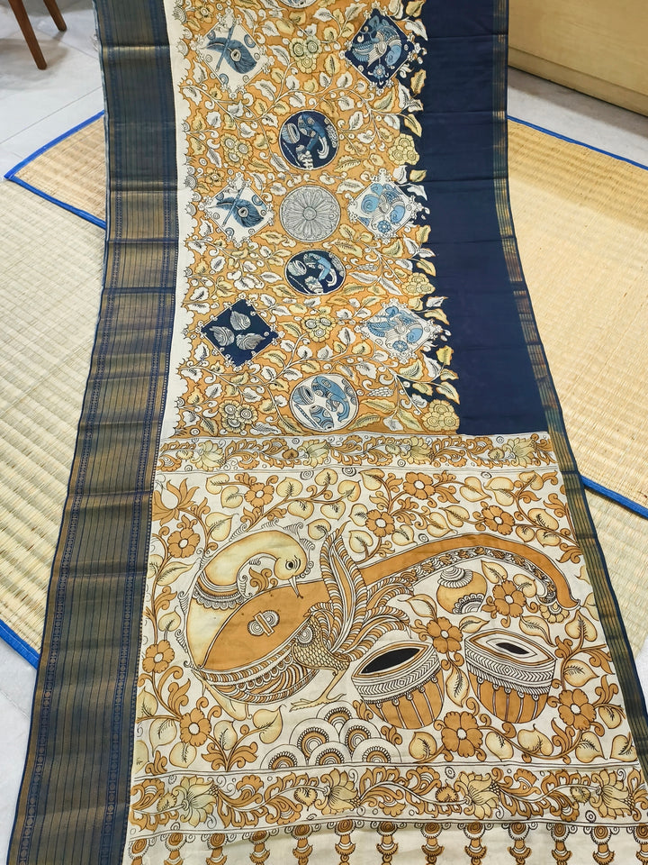 Pen kalamkari Floral themed Mangalagiri silk saree