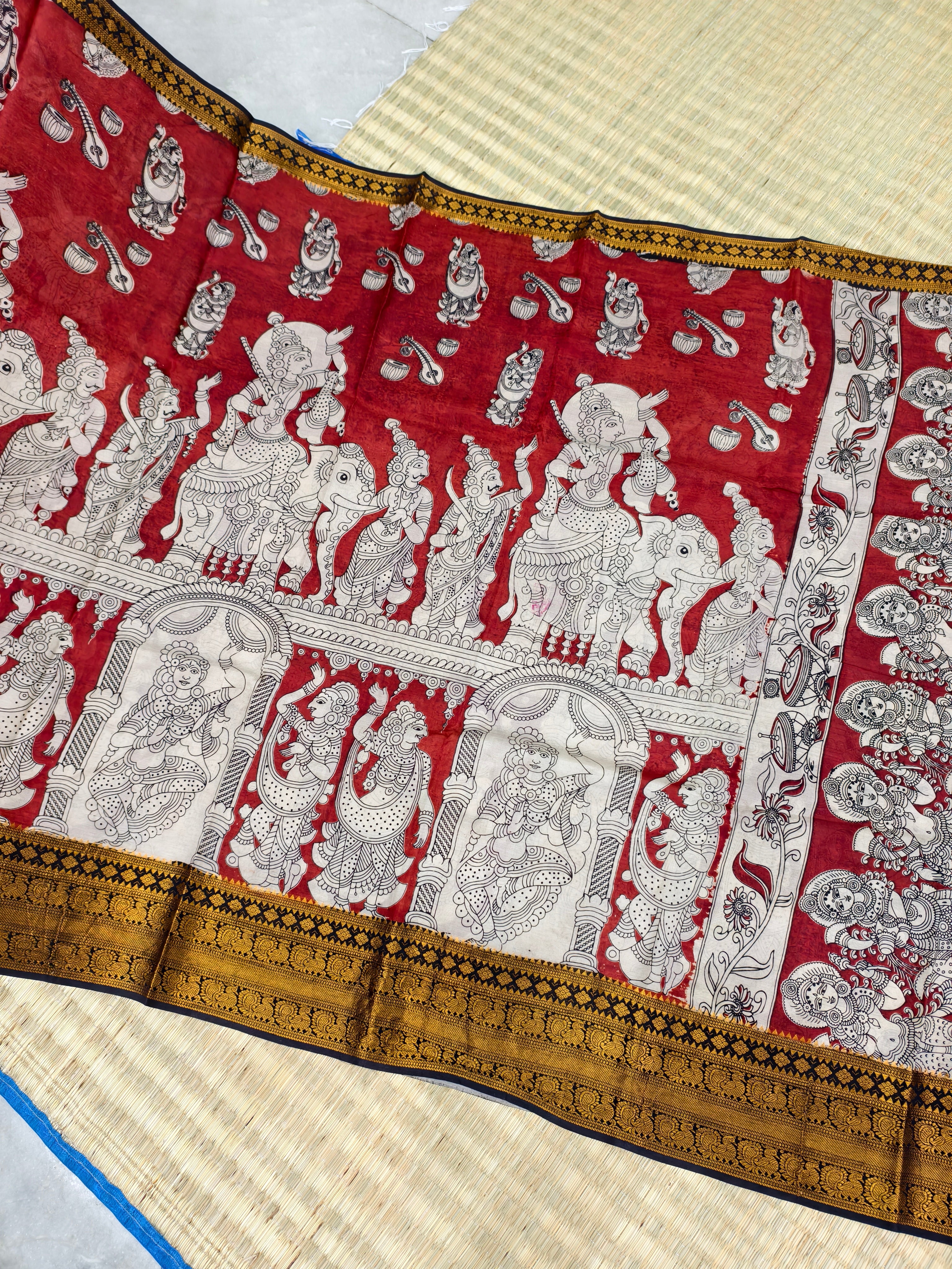 Kalamkari block printed Mangalagiri silk saree